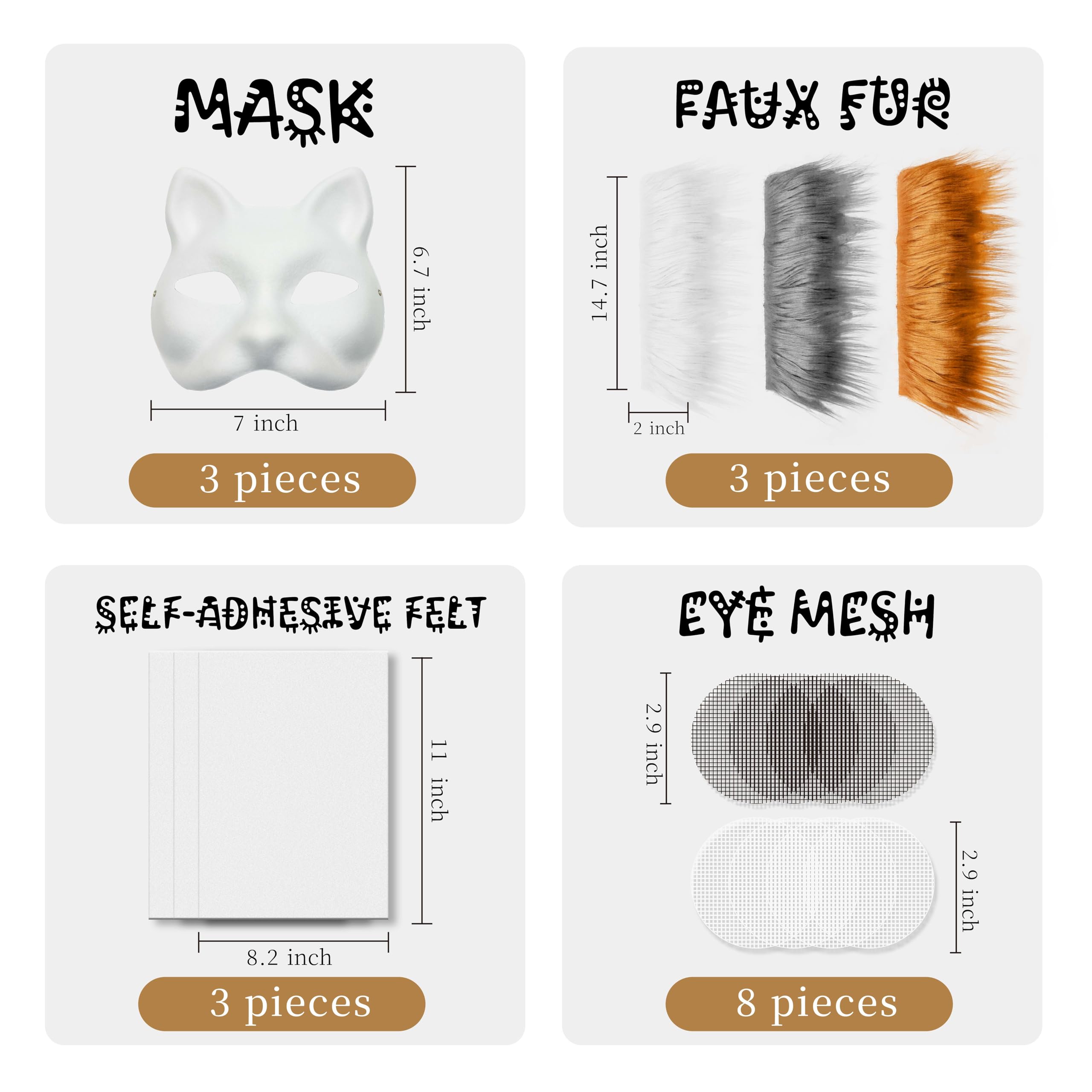 DIY Cat Mask Kit with Fur & Eyes Mesh and Fuzzy Fabric,DIY Cat Mask All-in-One to Paint, Blank White Mask for Halloween Masquerade Cosplay Party