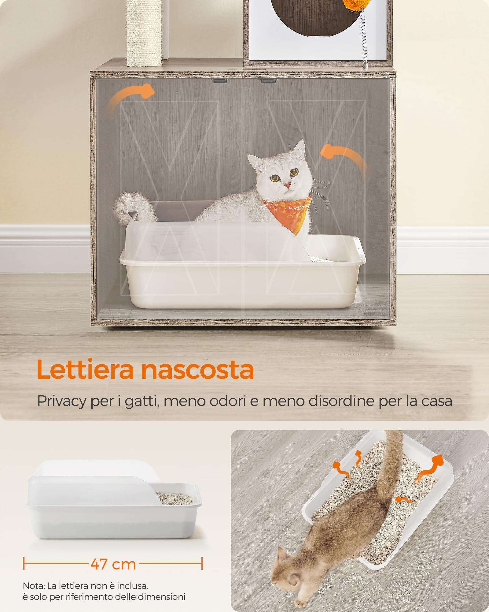 Feandrea Albero per Gatti Moderno, Tiragraffi con Mobile per Lettiera, 185 cm, Condominio per Gatti, Graffiatoi, Trespolo, Cuscini Lavabili, Greige PCT116G01