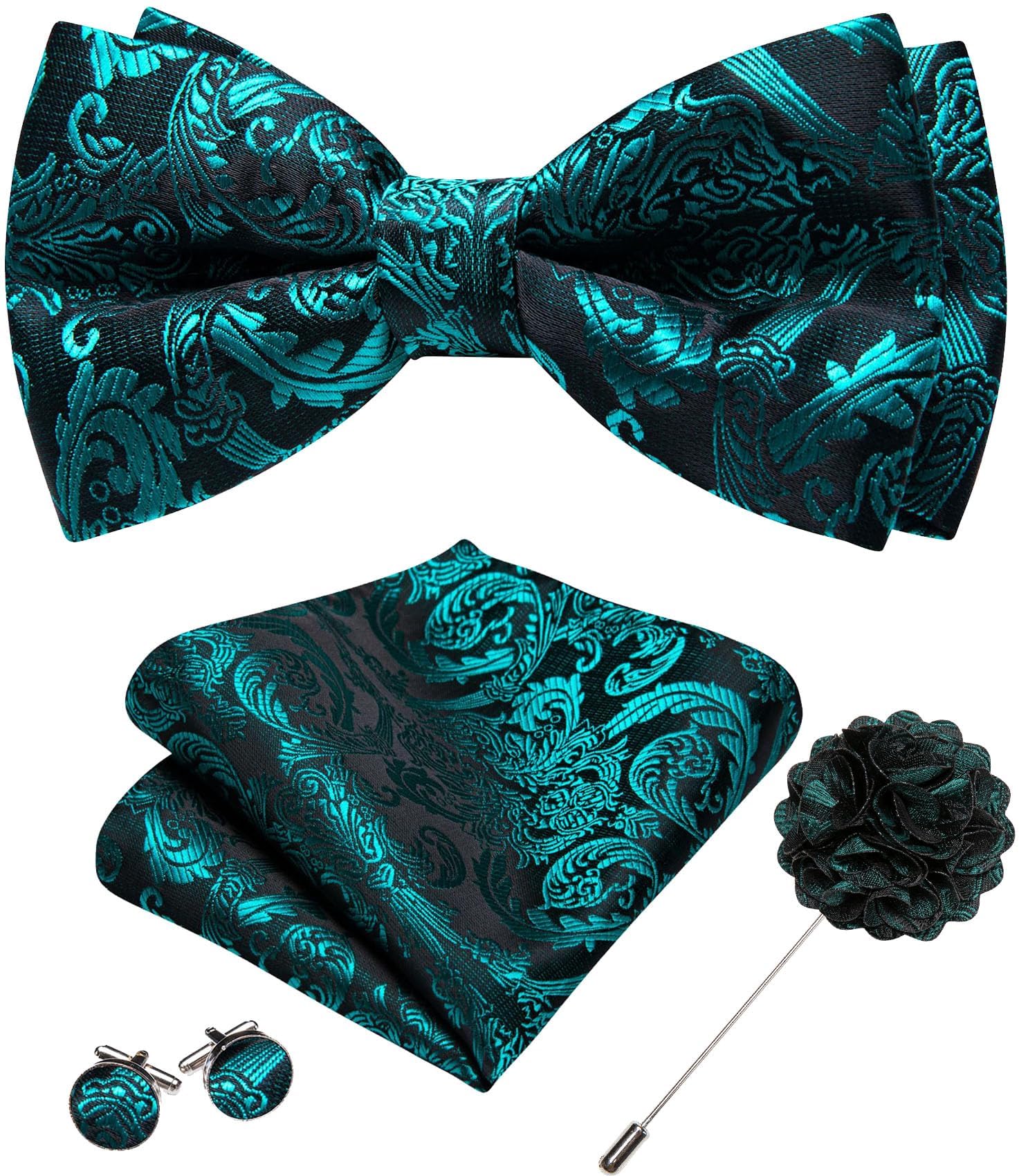 YOHOWA Mens Bow Tie Paisley Coloful Pre-tied Bowties Handkerchief Cufflinks