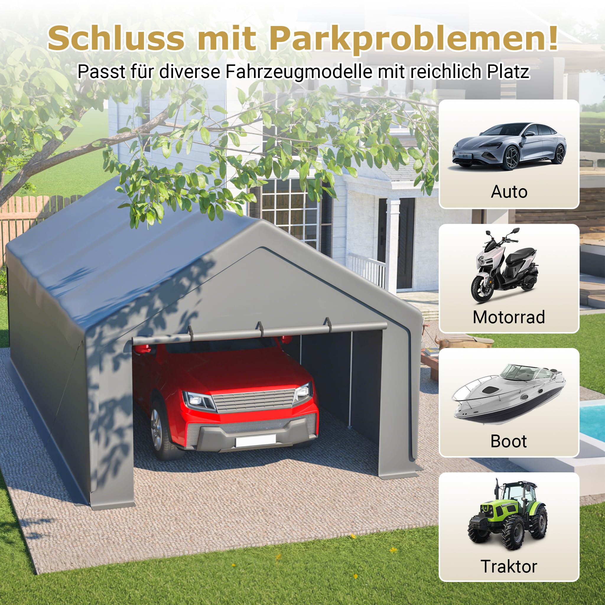 Carport pour charges lourdes, imperméable, galvanisé, 396 x 762 cm, 8 pieds