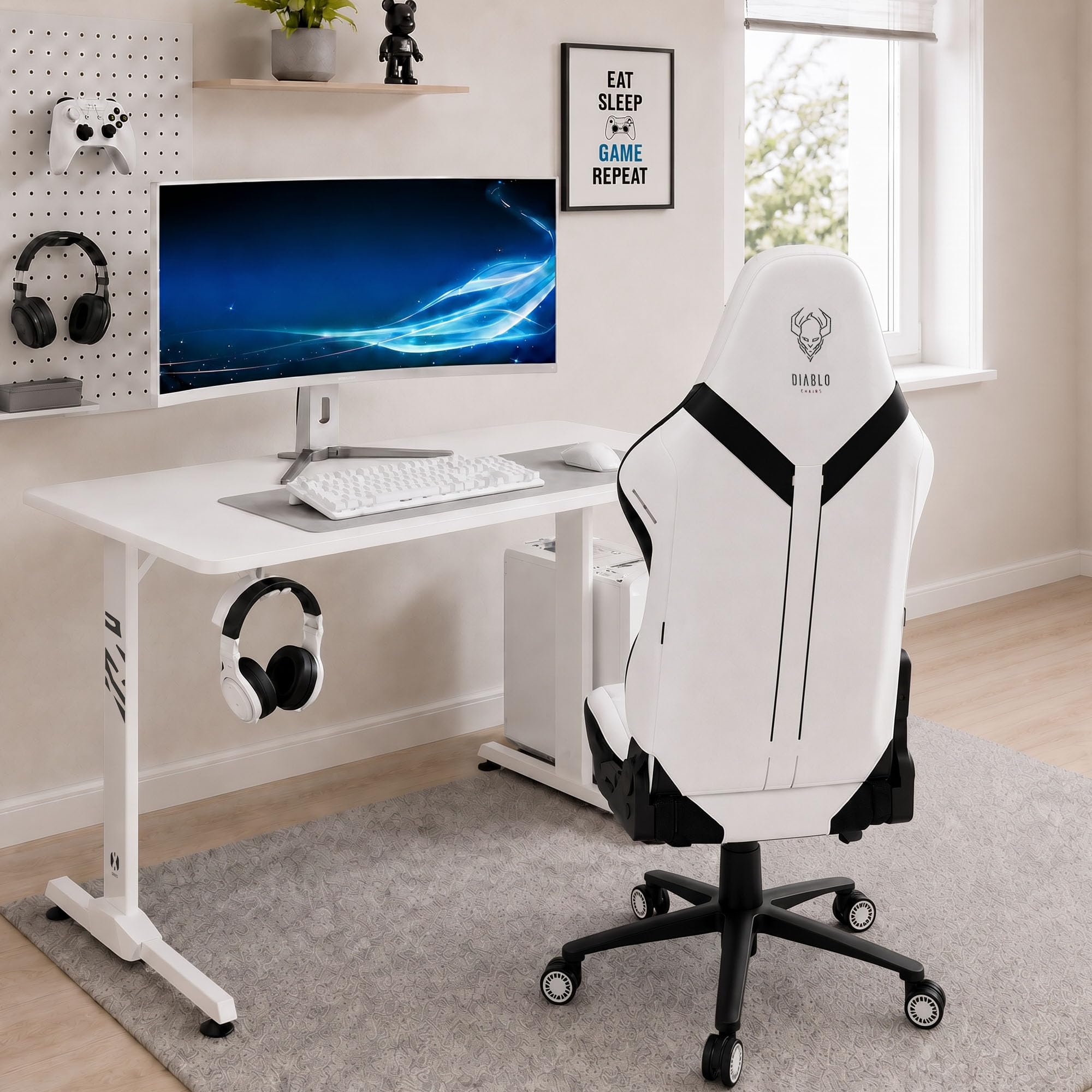 Diablo Escritorio Gaming Escritorio Gamer Grande Mesa PC con gestión de Cables Alfombrilla Soporte Auriculares portavasos Escritorio Ordenador ergonómico Estable Resistente Setup 100 x 60 x 75 cm