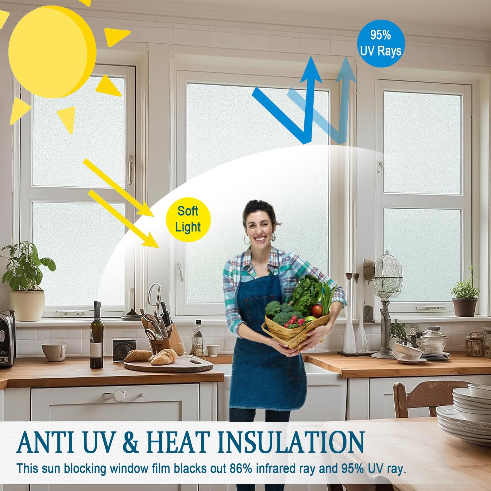 Láminas Privacidad Ventana 120 x 400 cm con Protección Solar 95% UV – Film para Ventanas sin Taladrar Cover Lámina para Ventanas con Rasqueta para Baño Cocina Oficina, persianas