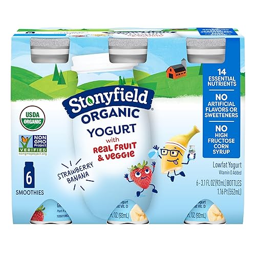 Stonyfield Organic Batidos de yogur bajos en grasa plátano de fresa 31 onzas 6 unidades 1 yogur orgánico para niños fruta real e ingredientes