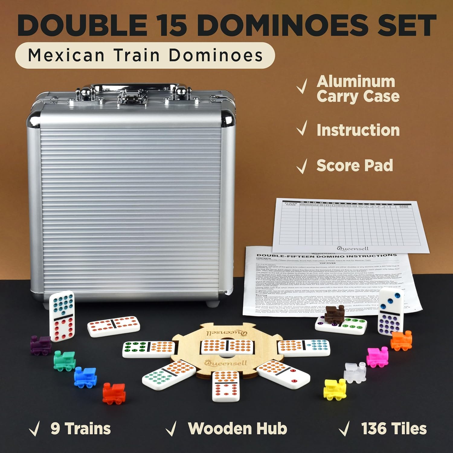 Queensell Mexican Train Dominoes Set Double 15 for Adults and Family, Mexican Train Double 15 Dominoes Set Colored Dot - 136 Tiles, 9 Trains, Wooden Hub, Aluminum Case (Double 15)