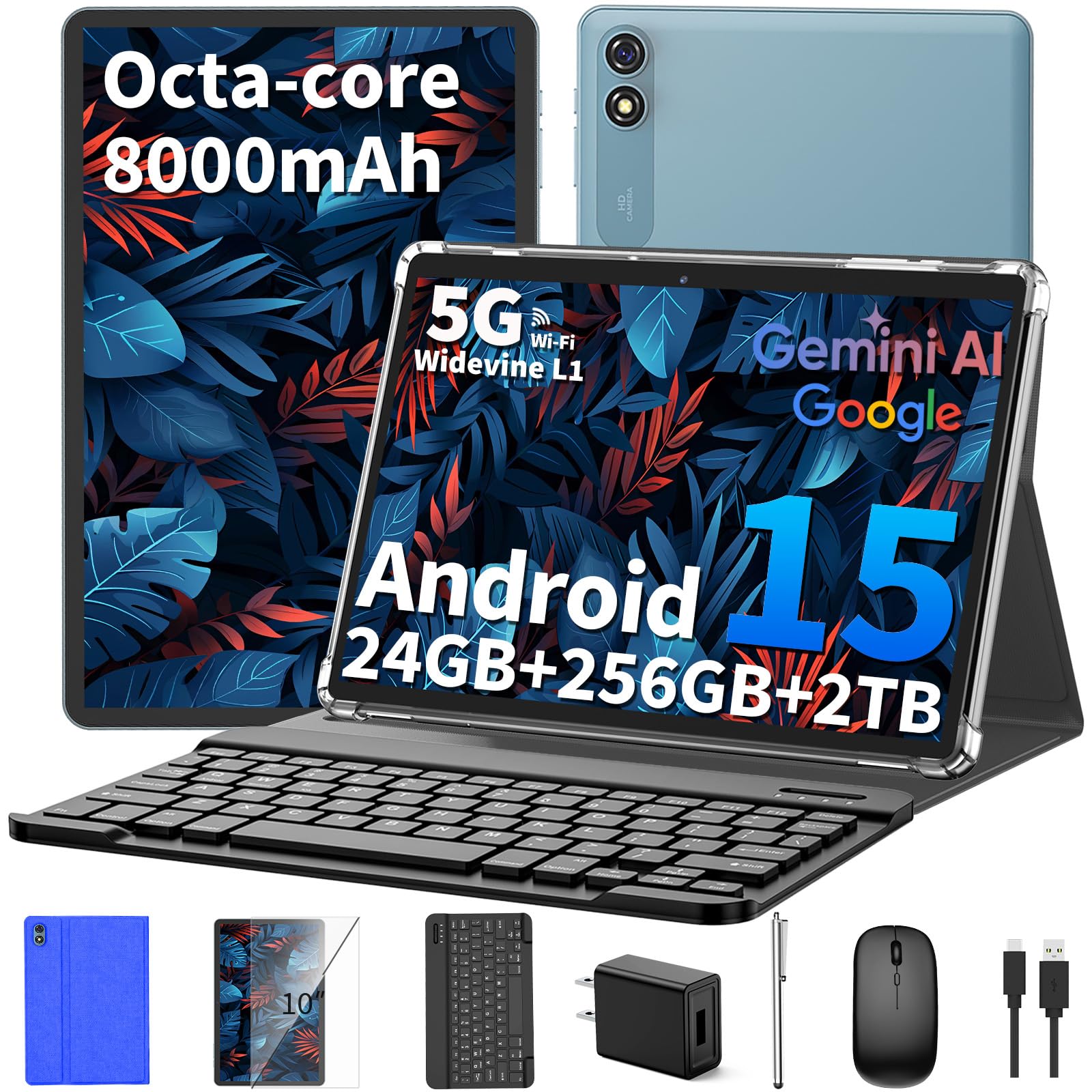 Android 15 Tablet 10 inch, 2026 Tablet with Keyboard, 24GB+256GB+2TB Expand, 2-in-1 Tablets with 8-Core, 5G WiFi, 8000mAh, BT5.0, GMS, GPS, Gemini AI,