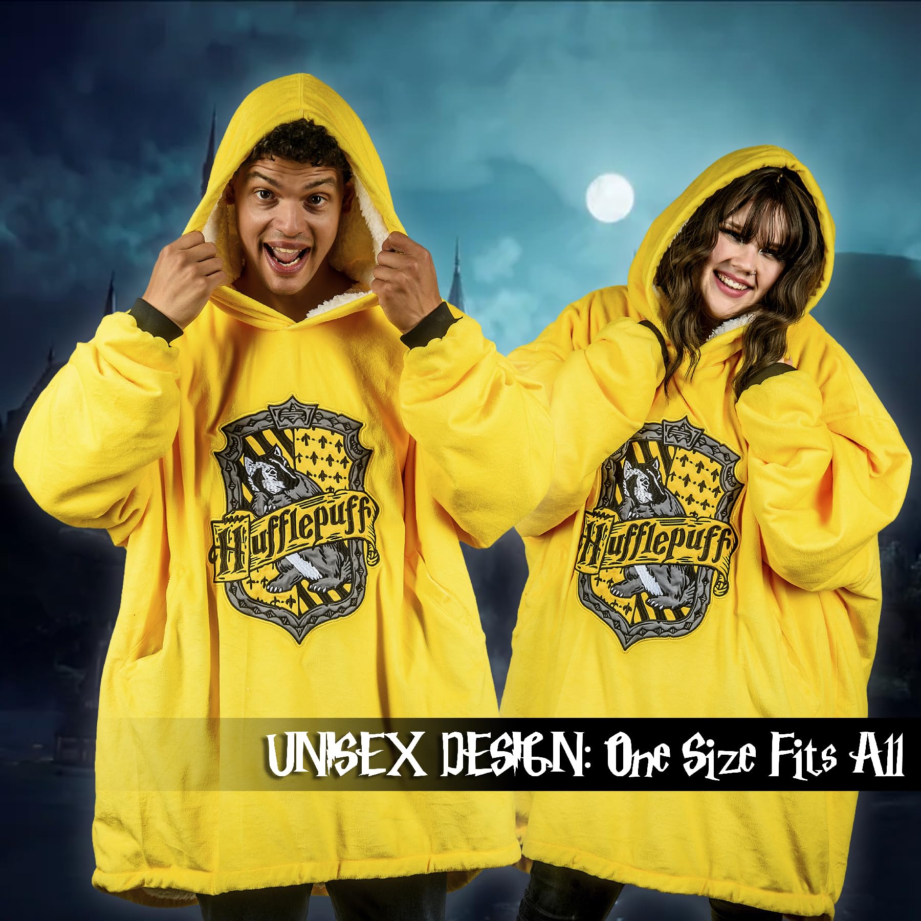 Coperta con cappuccio oversize di Harry Potter con Tassorosso, in morbido pile indossabile, design con stemma della casa, regali per donne, uomini, adulti, bambini, giallo