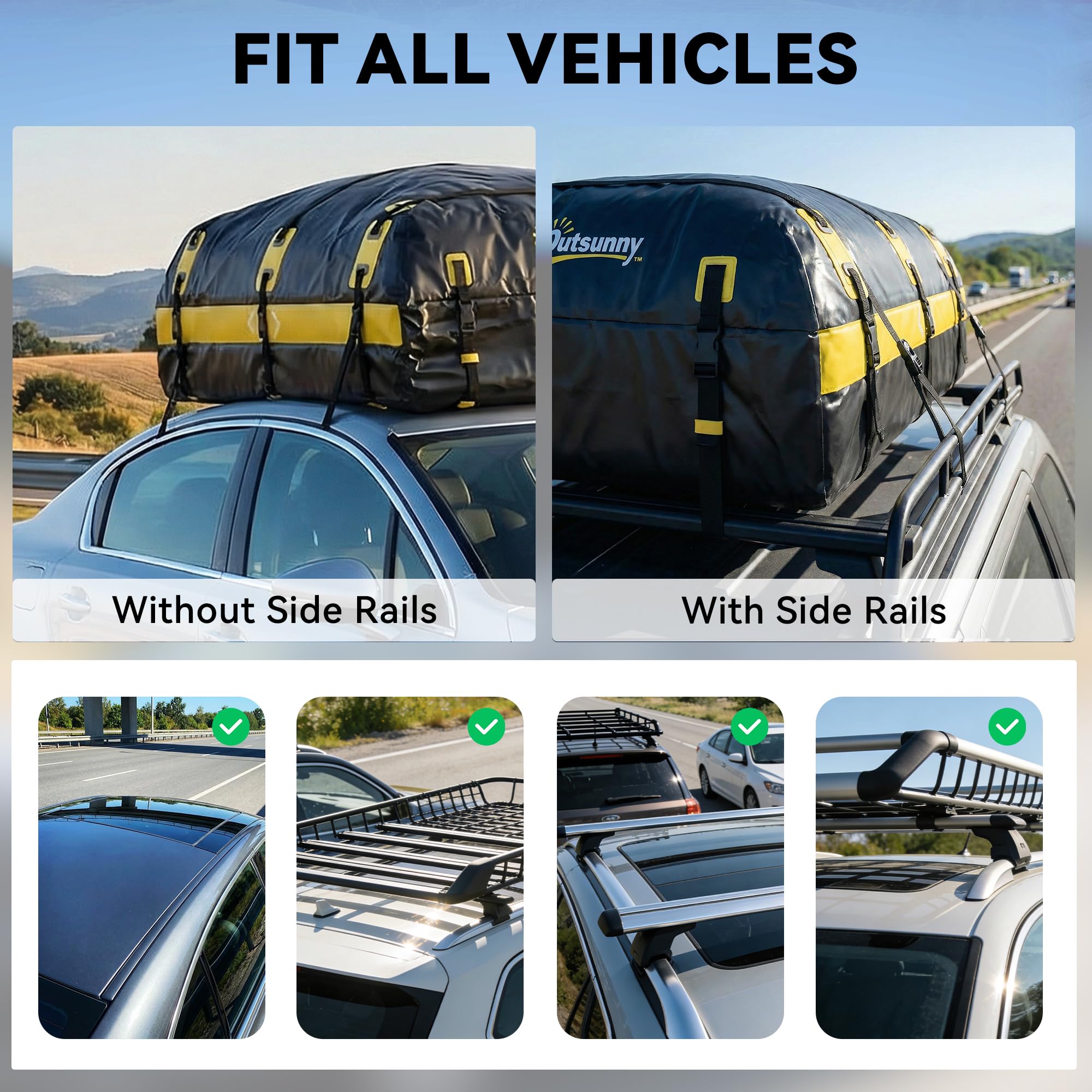 Outsunny Dachgepäcktasche mit Schloss, 21 cu ft, Gelb, mit/ohne Träger | Wasserfest, Reflektierende Pfeile, Weiche Dachbox, Dachgepäckträger, 7 verstärkte Gurte, Anti-Rutsch-Matte, Türhaken
