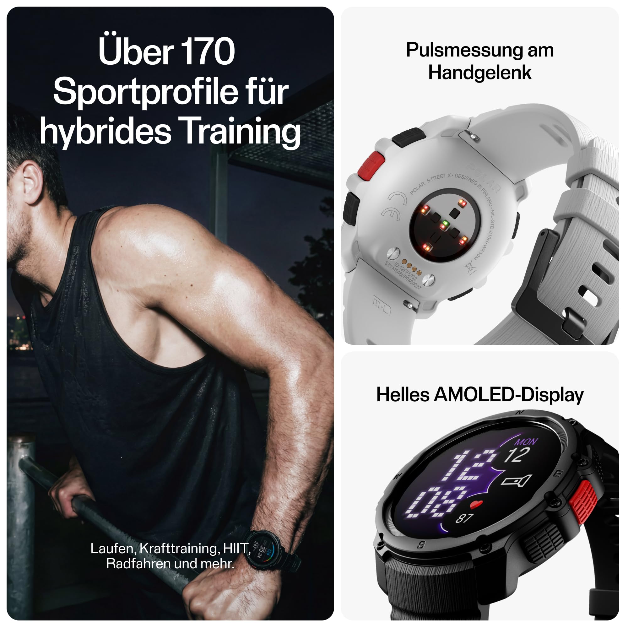 Polar Street X – GPS Laufuhr Damen und Herren – Pulsuhr für Hybrid Training – Robuste Outdoor Sportuhr – Wasserdicht – 3 Jahre Amazon Exklusive Garantie