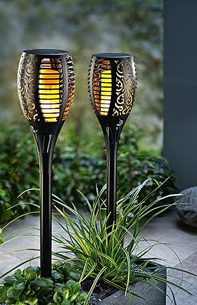 Amazm 2 Pack Solar Torch Lights: Fire Effect Garden Lights, Auto On/Off Dusk to Dawn, Outdoor Waterproof Landscape Decoration, Powered Security Light for Patio