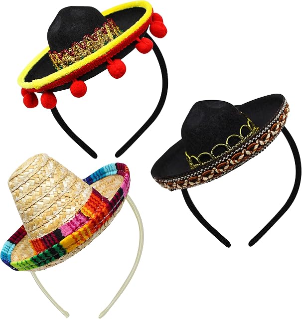 3 szt. Cinco De Mayo Fiesta Fabric and Straw Sombrero Headbands Party Costume for Fun Fiesta, Hat Party Supplies, Luau Event Props, Mexican Theme Decorations for Carnivals Festivals Party Favors