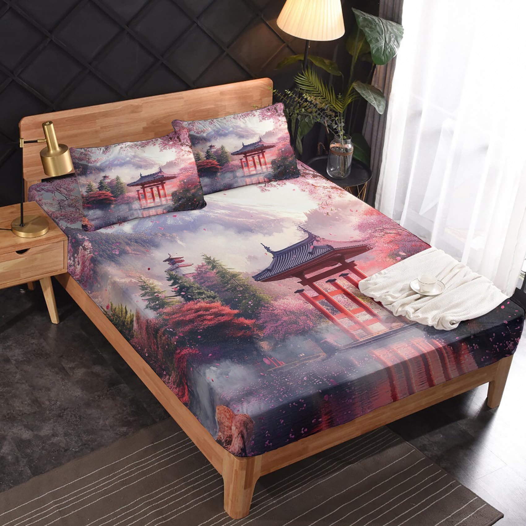 Zvynqour - Japanese Torii Twin XL Sheet Set, Japanese Style Sheet Set, 3 Piece Bedding with 16" Deep Pocket, Bedroom Decor