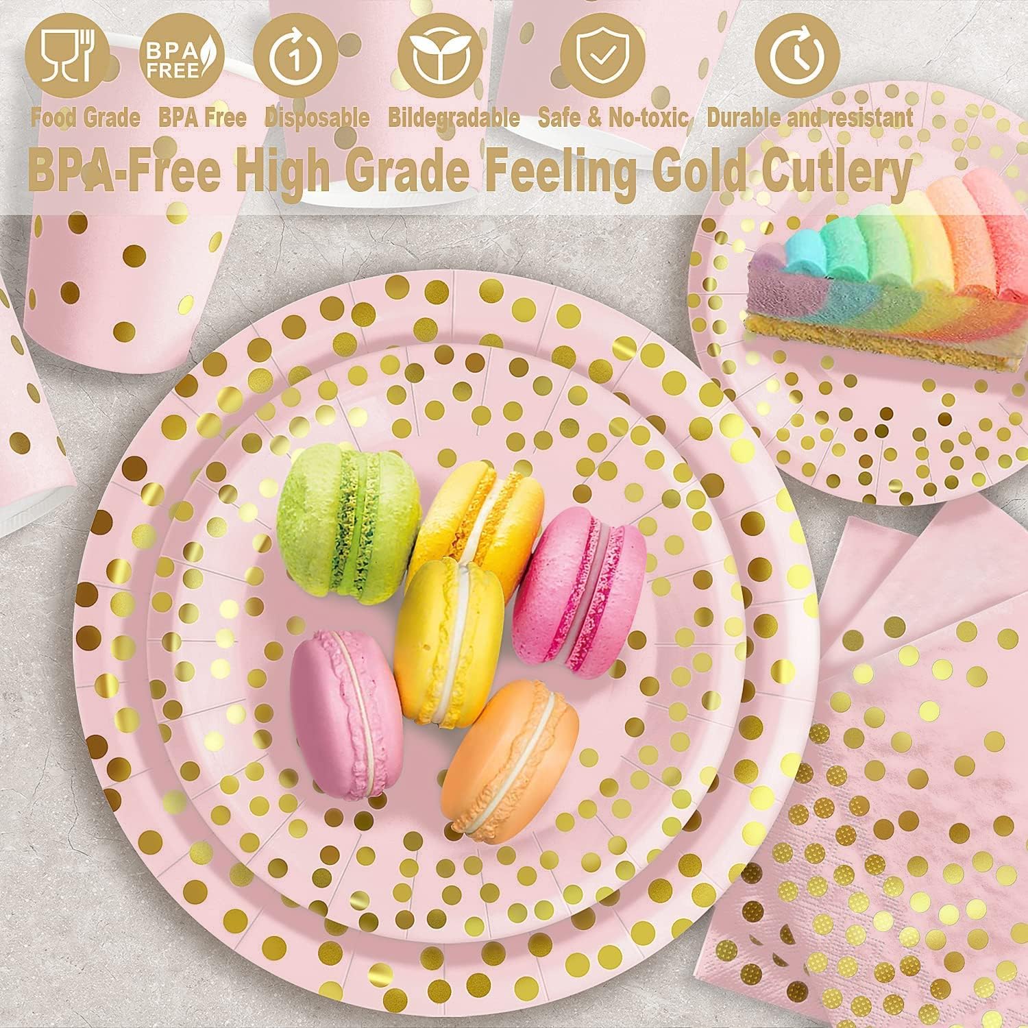 350PCS Pink and Gold Party Plates with 6Pack Black and Gold Plastic Tablecloth, Severs 25 Disposable Party Supplies, Just Enjoy Your Party