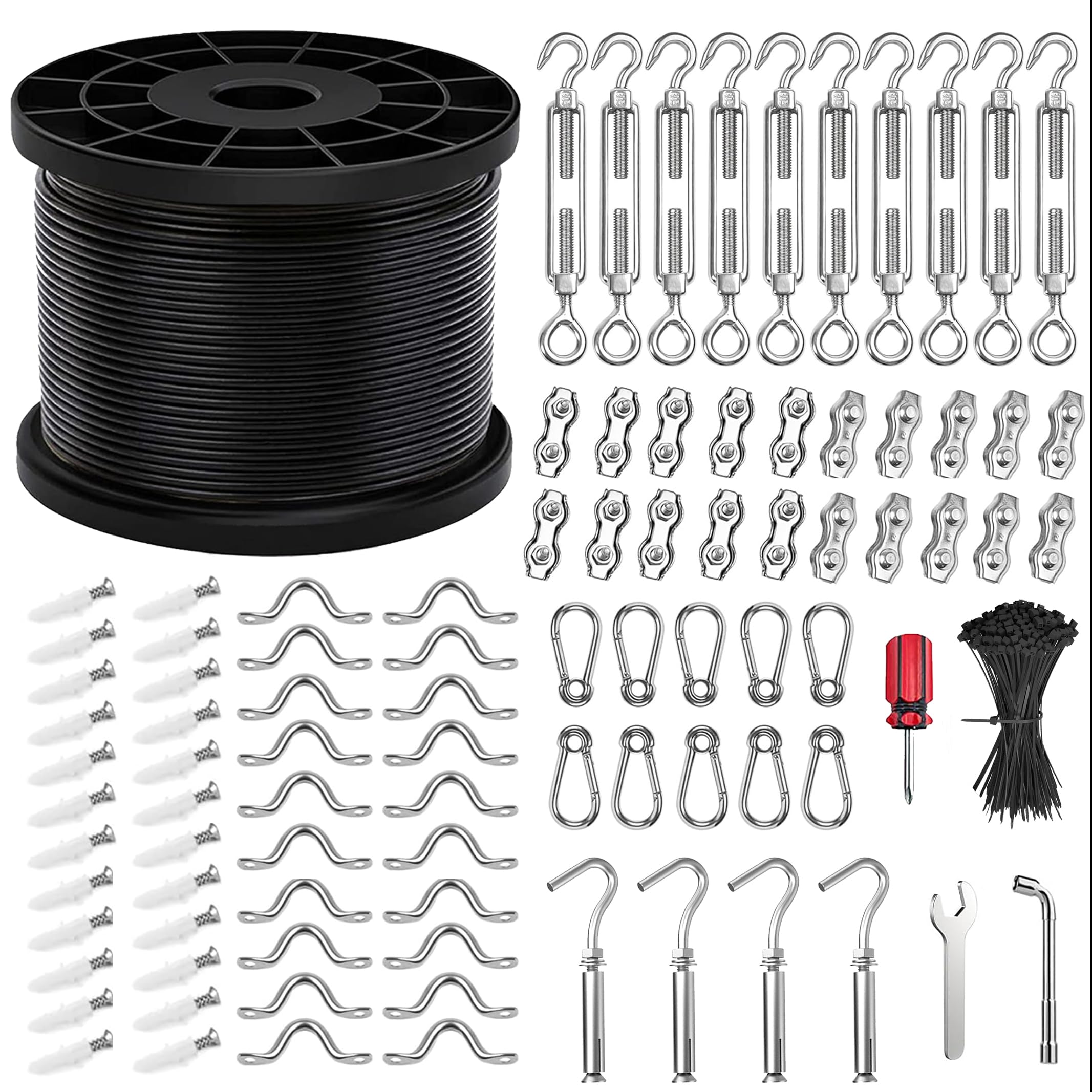 String Light Hanging Kit with 400FT Vinyl Coated 304 Stainless Steel Wire Rope, Globe String Light Suspension Kit, Outdoor Light Guide Wire Kit Included Turnbuckles, Enough Accessories, Use Manual