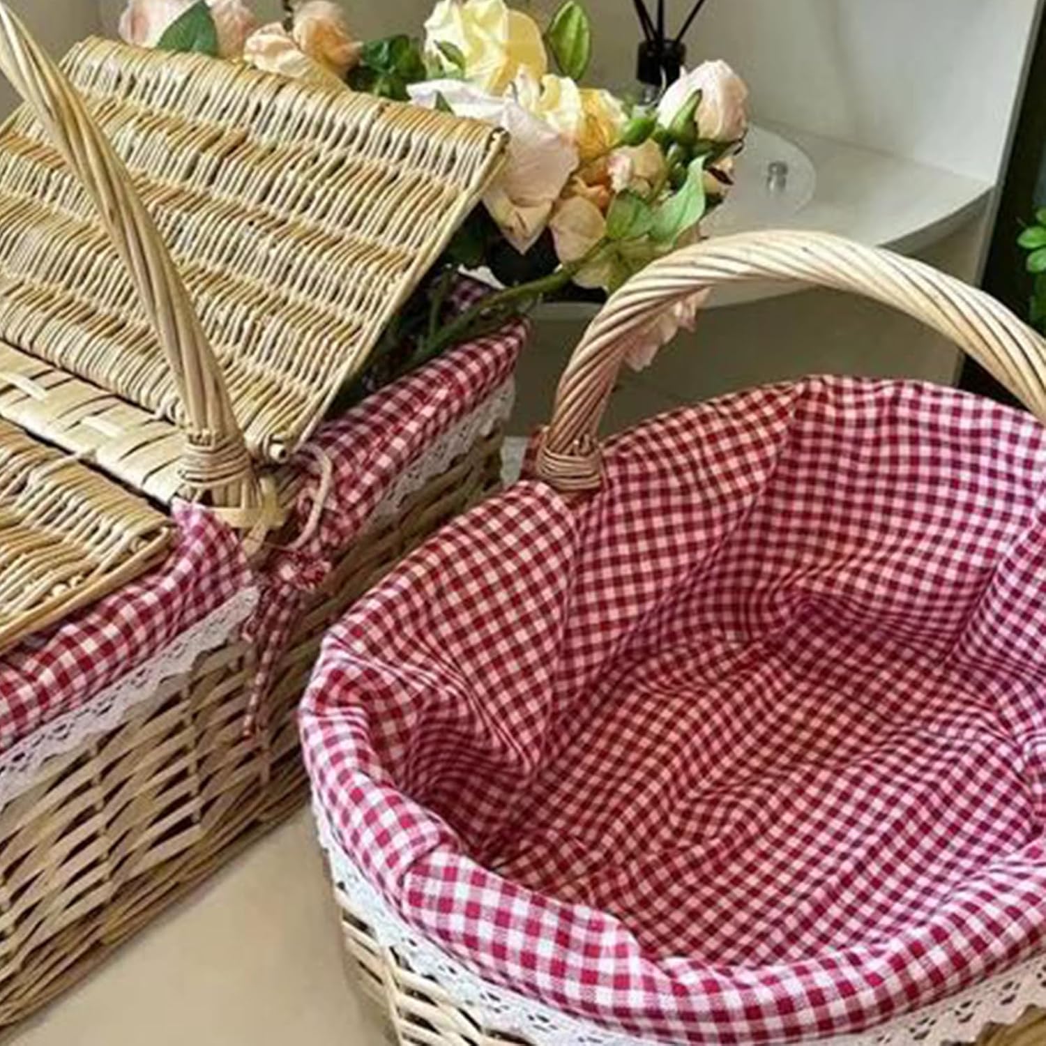 ライナーと蓋付きの屋外ピクニックホーム組織ツールを備えた小さな手作りの柳の収納バスケット織物野菜織り織り