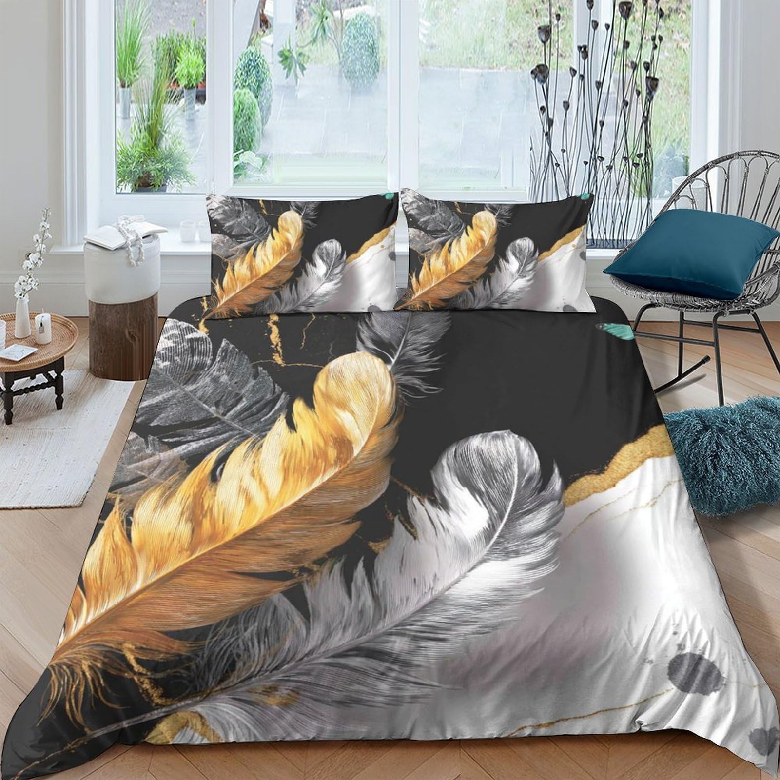 Ctjqhvkz Style-9 3D Printed Golden Feather Fitted Sheet Microfiber Soft Dark Abstract Mattress Cover For Bedroom Guest Room Home Decor Single（135X200cm）