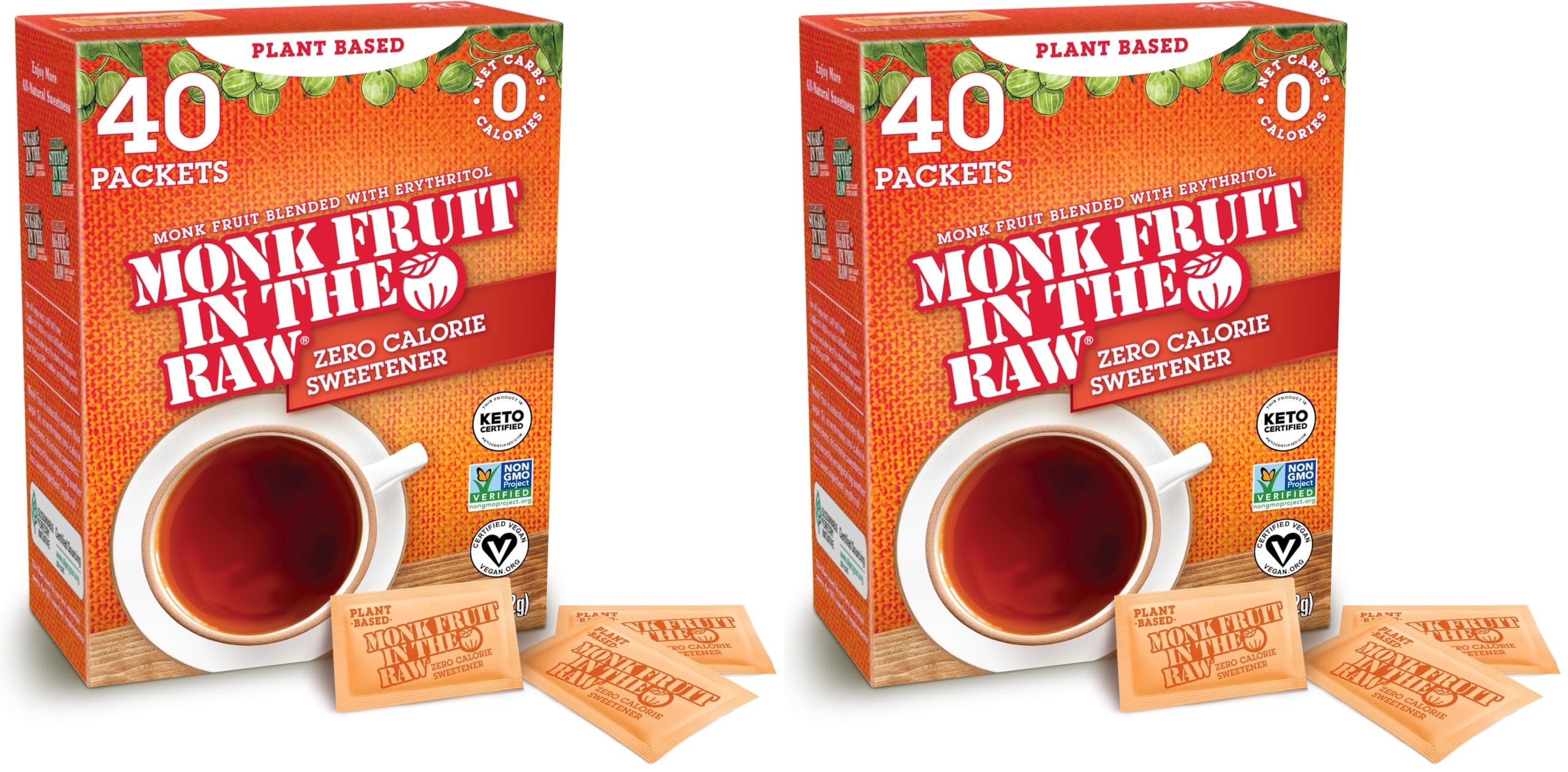 MONK FRUIT IN THE RAW, Natural Monk Fruit Sweetener w/Erythritol, Sugar-Free, Keto, Gluten Free, Zero Calorie, Low Carb, Vegan Sugar Substitute, 40 Count Packets (Pack of 2)