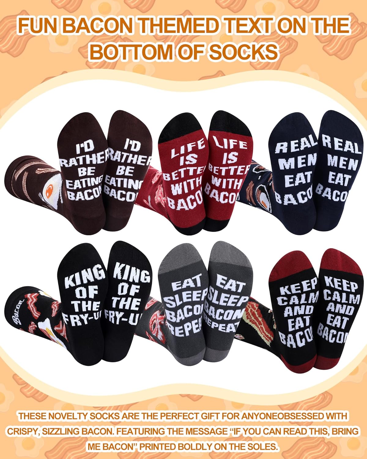 Haysandy 6 Pairs Funny Food Socks for Men Valentine Novelty Snack Socks Lovers Gift for Peppers Bacon Hot Dogs Burger Pizza - Image 7