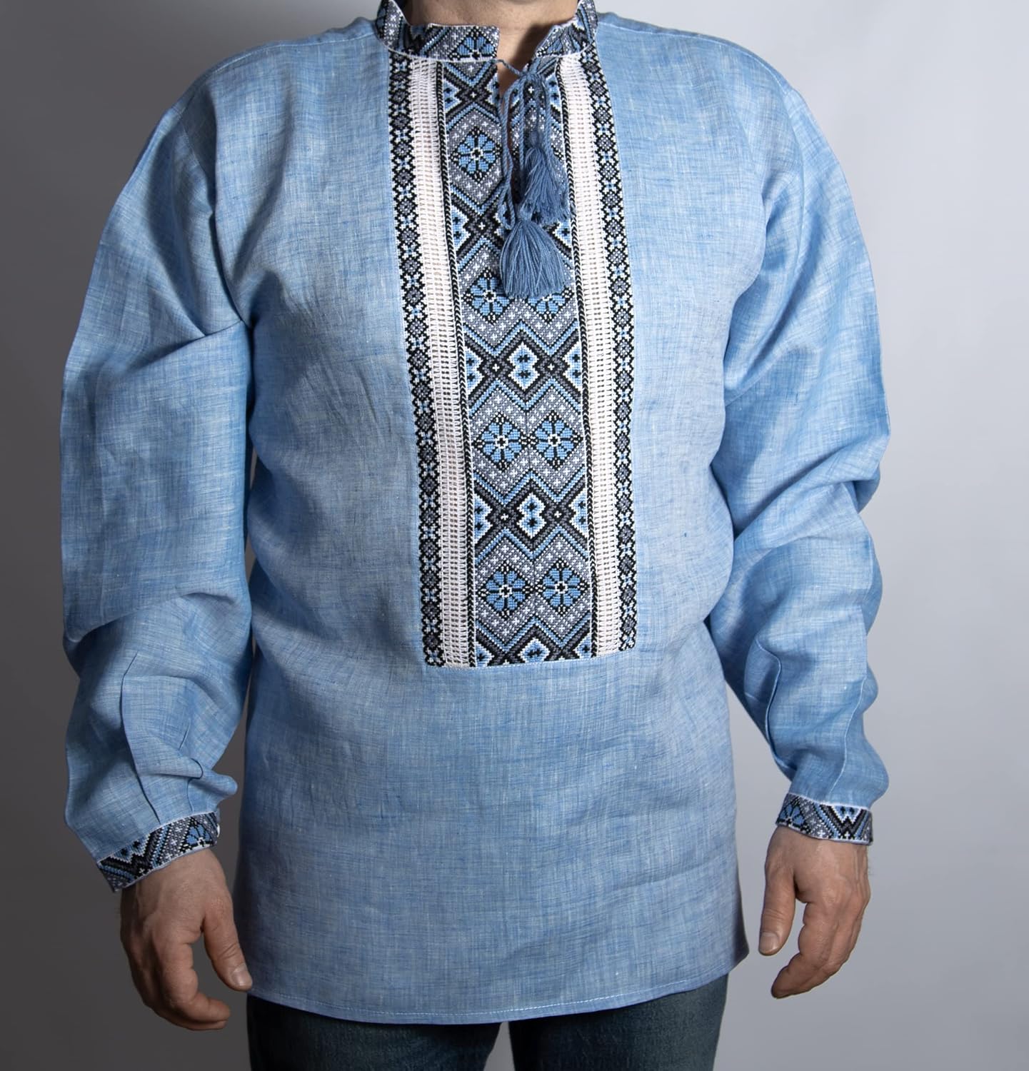 Hand Mens Blue Vyshyvanka Linen Shirt Gray Embroidered