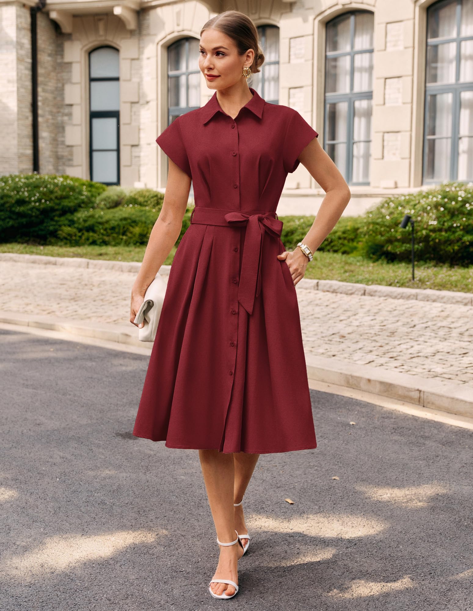 GRACE KARIN Abito midi da donna a maniche corte, linea ad A, elegante, collo con risvolto, bottoni, cravatta in vita, camicia per lavoro e matrimonio