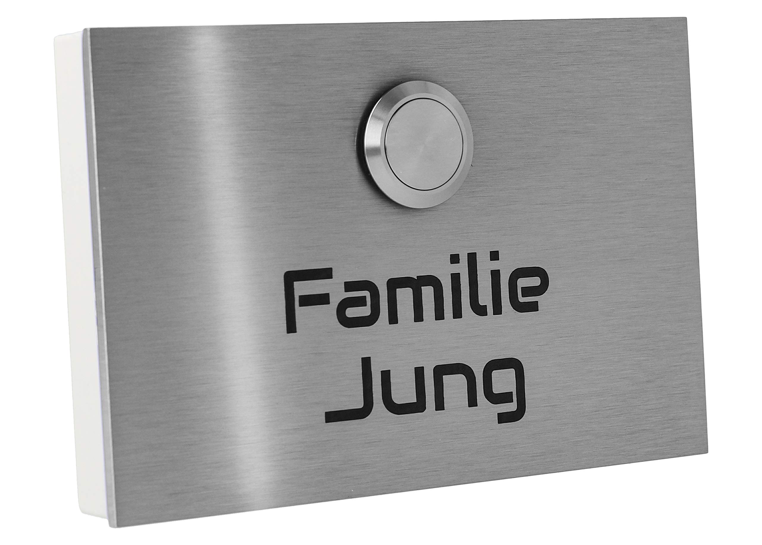 Jung Edelstahl Türklingel London1AG mit Gravur - V2A Edelstahl Aufputz Klingelschild - LED Klingeltaster - Klingelplatte 12x8 cm