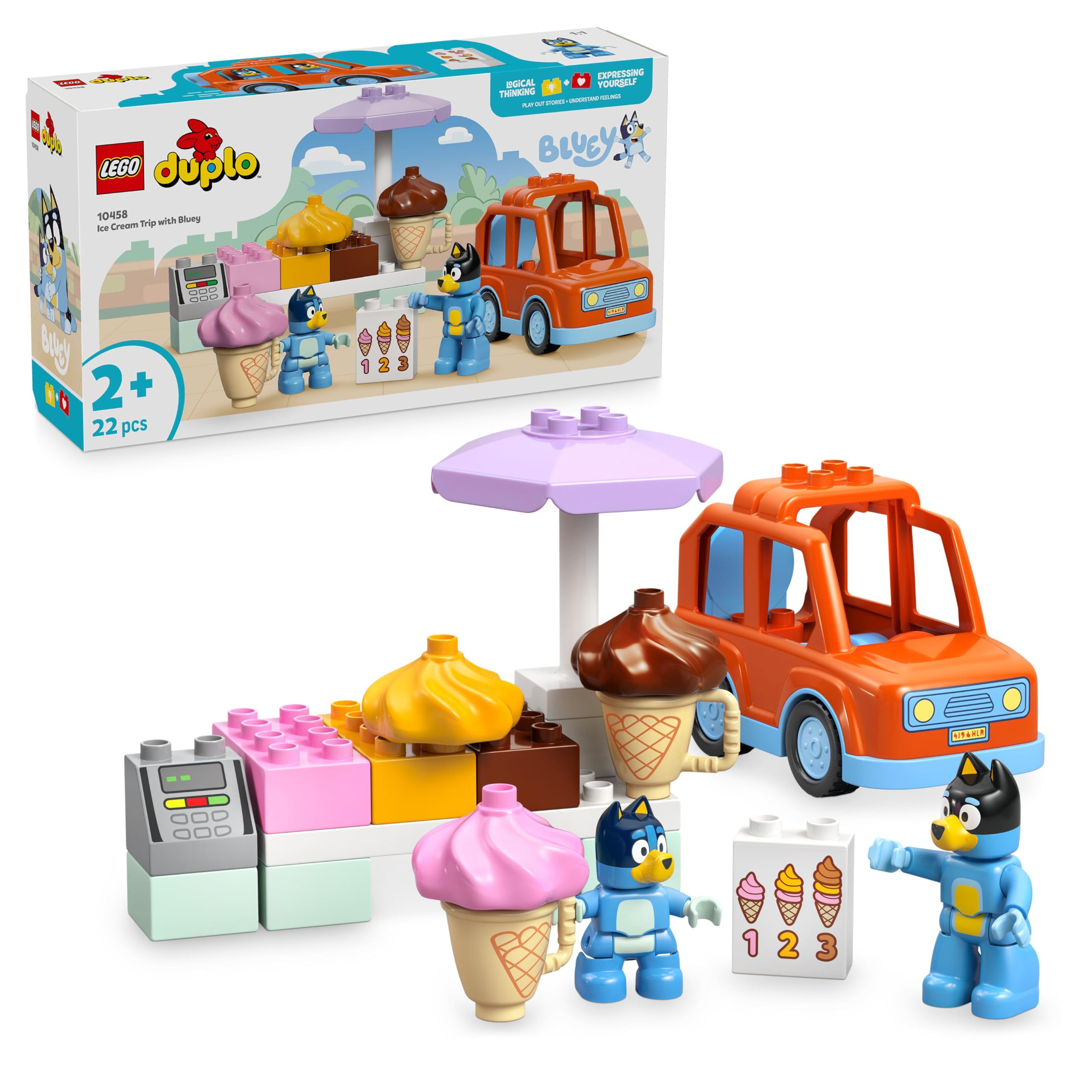 LEGO Duplo Bluey Excursión a la Heladería con Bluey - Juego Educativo con Coche de Juguete, Puesto de Helados y 2 Figuras Inc. Bandit - Regalo para Niñas y Niños de 2+ Años 10458