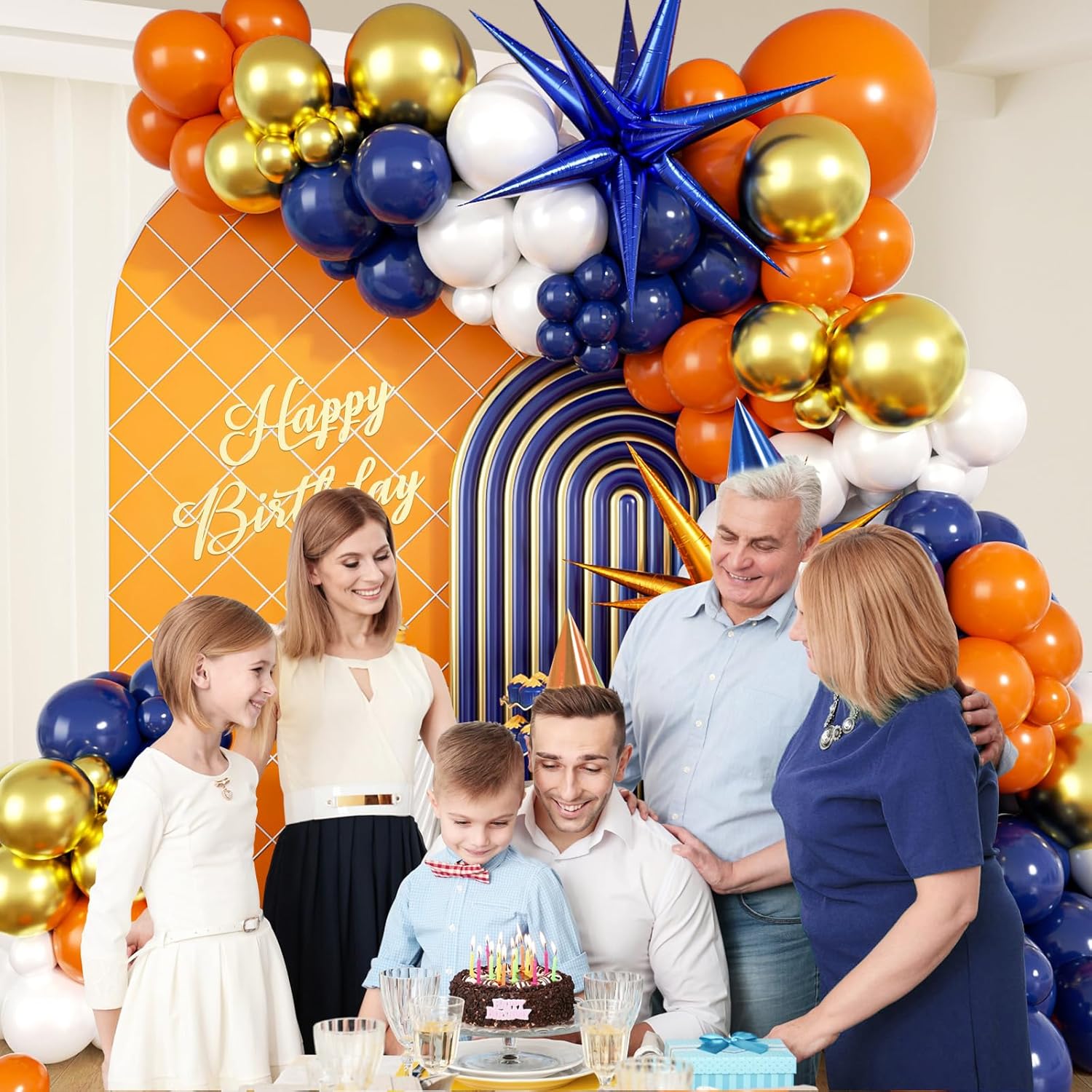 132pcs Blue and Orange Balloon Arch Garland Kit with Navy Blue Orange White Metallic Gold Balloons Foil Balloon for Birthday Party Decorations