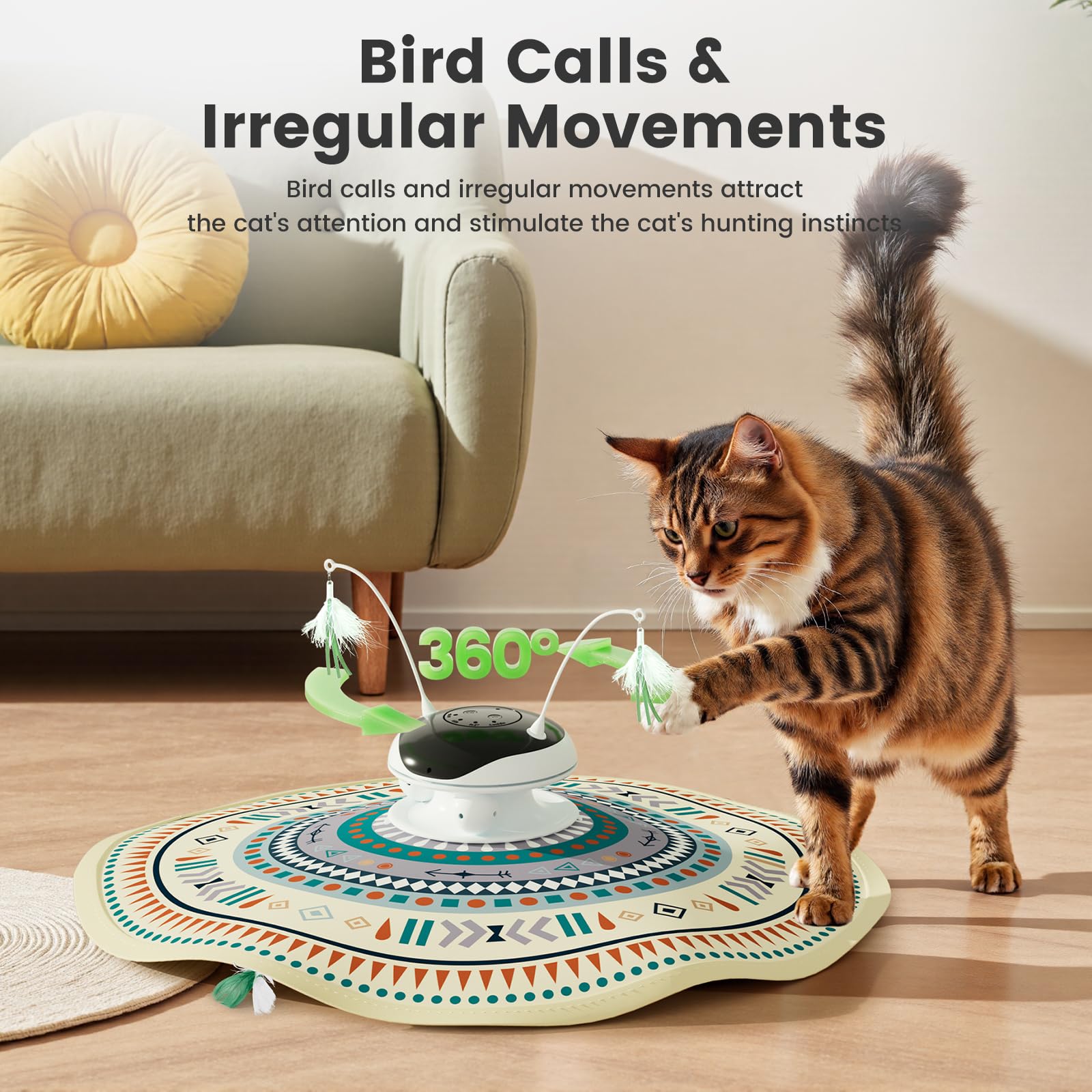 Gardner Pet Jouet Interactif pour Chat 5-en-1 Rechargeable, Jeu Automatique de Cache-Cache avec Plumes Mobiles, Billes Roulantes et Sons d'oiseaux, Jouet d'Intérieur pour Toutes Races -Beige