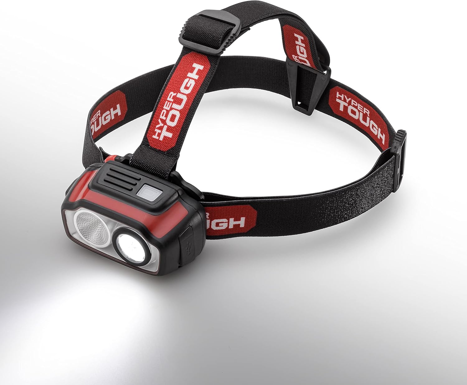 Hyper Tough headlamp illuminated in Flood Low mode, showing a soft, wide light