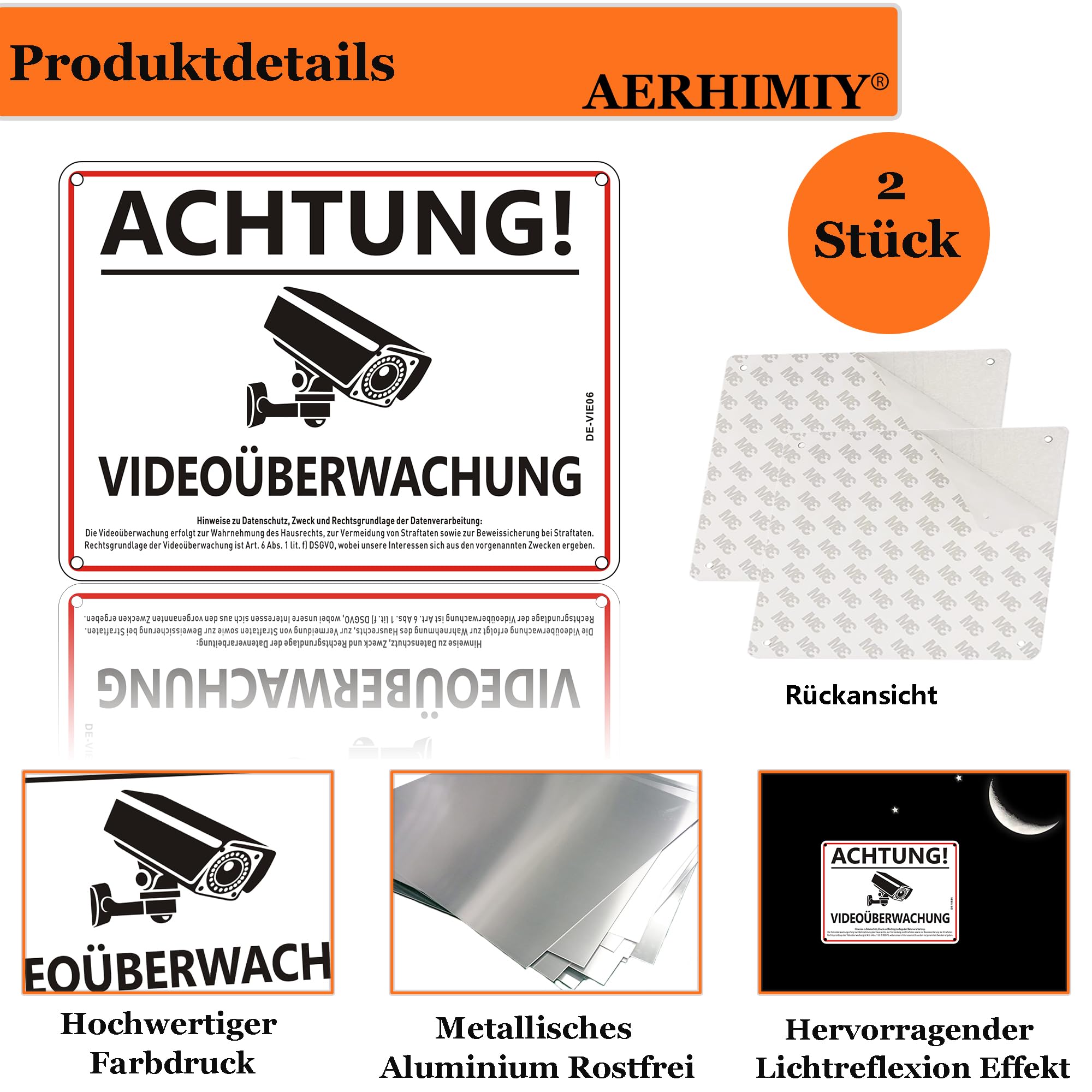 Zamety Videoüberwachung Aufkleber 15x15 Cm – 3 Stück, Aluminium, Selbstklebend & Mit Bohrungen