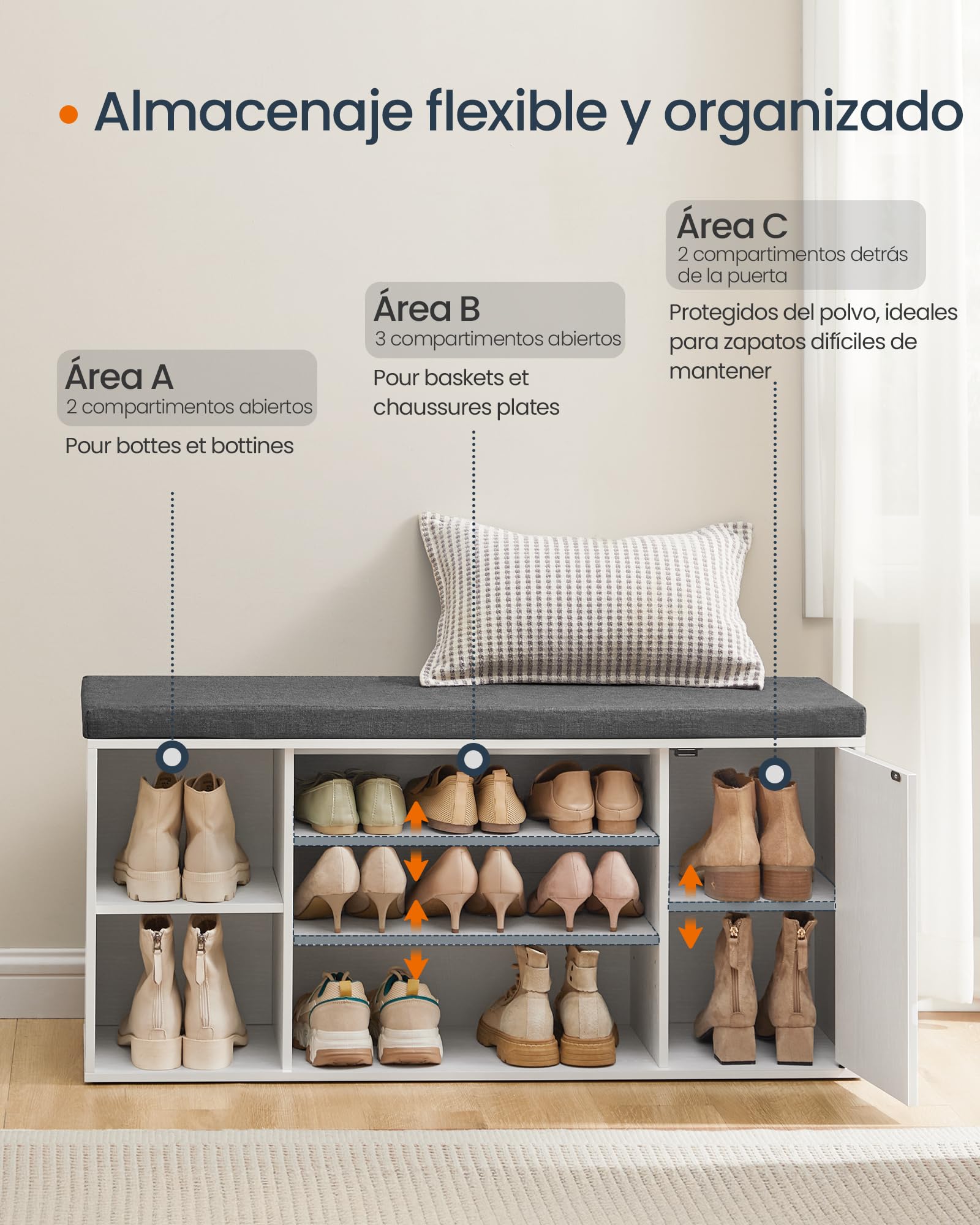 SONGMICS HOME Banco Zapatero, Snapsemble Montaje Súper Rápido, Banco con Almacenaje, Compartimentos Abiertos, Estantes Ajustables, Mueble para Zapatos, Blanco Nieve y Gris Pizarra LHS391WE01