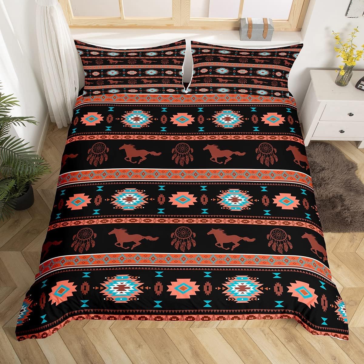 Horse Silhouette Duvet Cover Set, S Size, Aztec Stripes, Indian Tribal