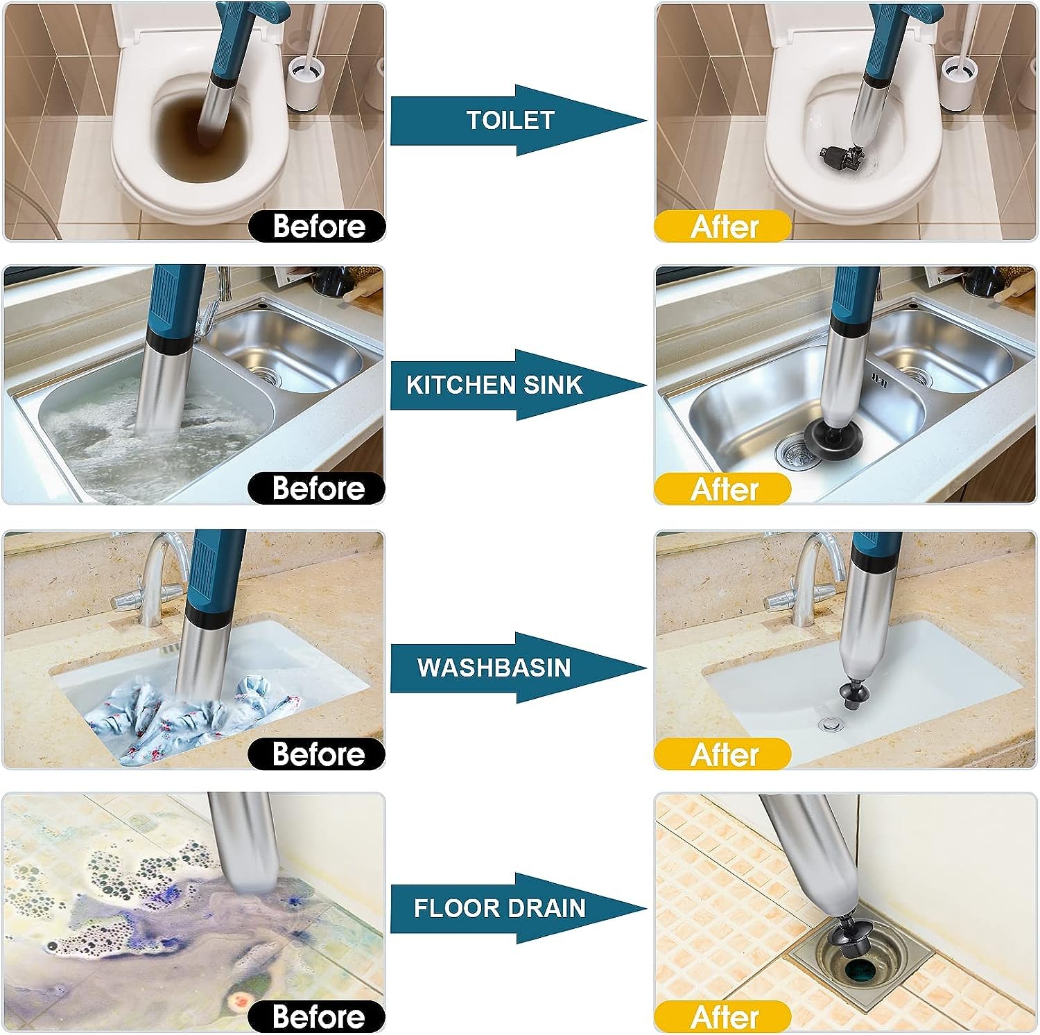 Desatascador inodoro,Desatascador tuberias profesional, desatascador wc, ventosa Presion, pistola desatascador con 3 ventosas para Cuartos de Baño Inodoros Lavabos vater
