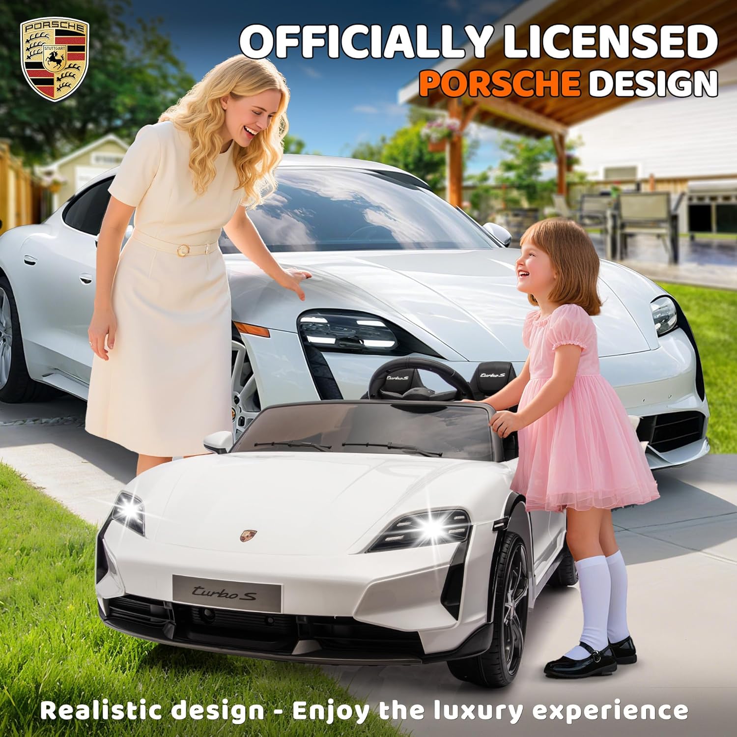2 Seater Ride On Car for Kids, 24V Licensed Porsche Taycan Turbo S Electric Power Ride On Car Toy with Remote Control, 4 Wheels Shock Absorption, Soft Start, MP3 Music, LED Lights - White