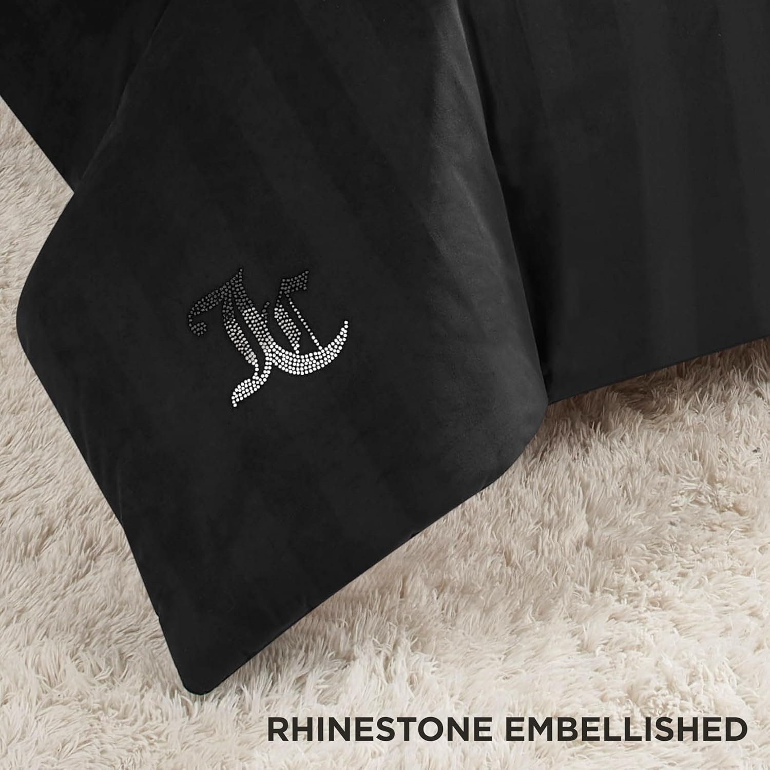 Juicy Couture Jenny Velour Striped Jacquard Queen/Full Size Comforter Bedding Set Ensemble - Black 3 Piece Set