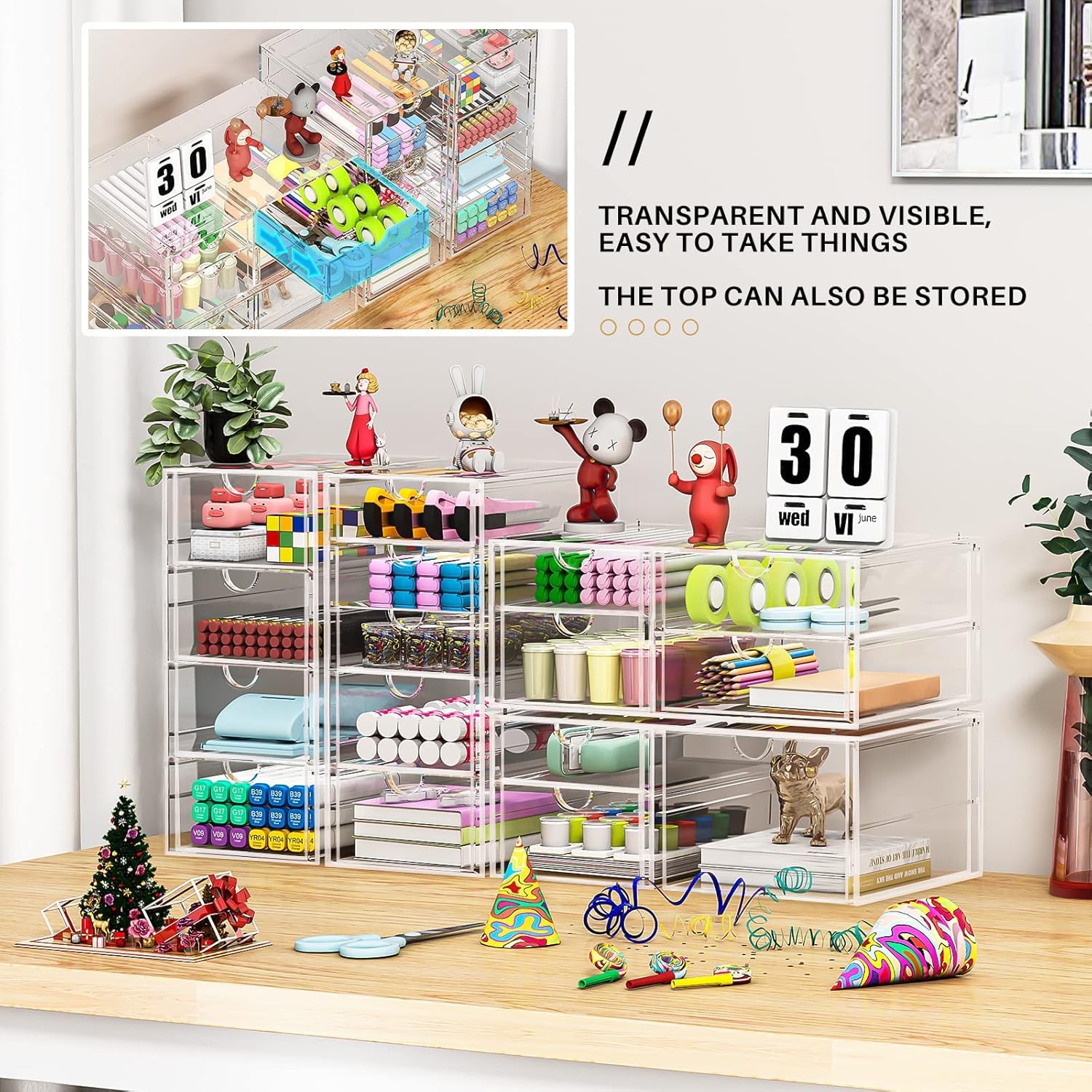 Archiviazione dell'organizzatore per trucco con 16 cassetti, forniture per ufficio desktop da 4 pezzi, organizzatori della scrivania, accessori per scrivania chiari per trucco, gioielli, penna ecc.