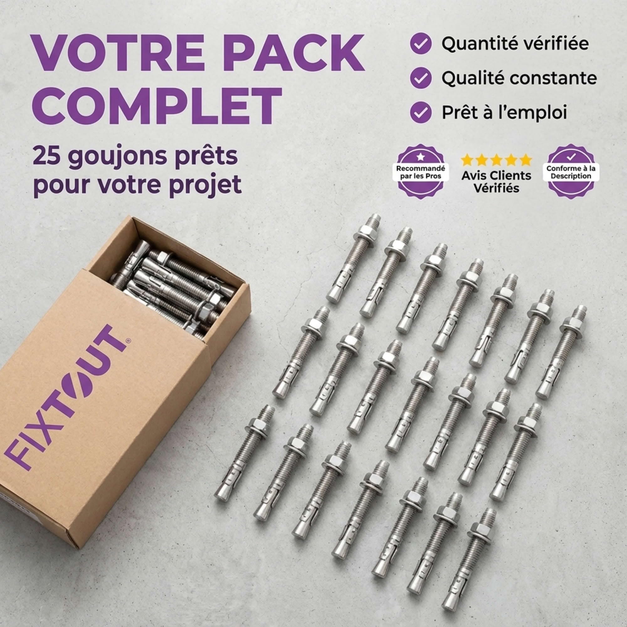Lot de 25 goujons d'ancrage en acier inox A2 M10 - Diamètre 10 mm - Longueur 150 mm - Diamètre 10 mm