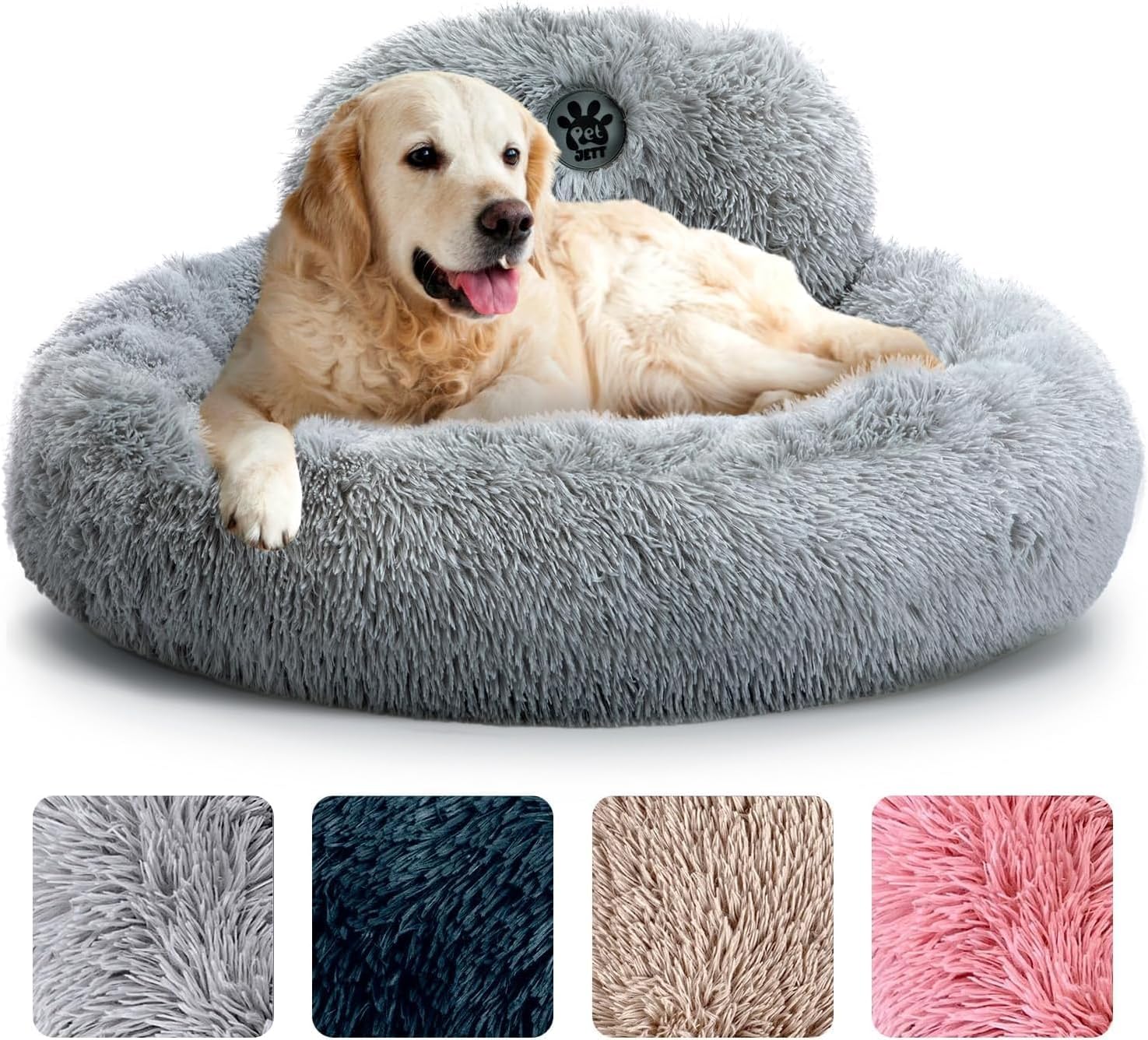 PetJett Calming Dog Beds Large Sized Dog - 36'' Round Bed, Anti-Slip & Washable Super Soft Donut Bed, Fluffy Faux Fur Anti-Anxiety Premium Comfort Pet Bed, Fits Dogs up to 100 lbs - Bright Grey Bright Grey Large - 36”L x 36”W x 10”Th