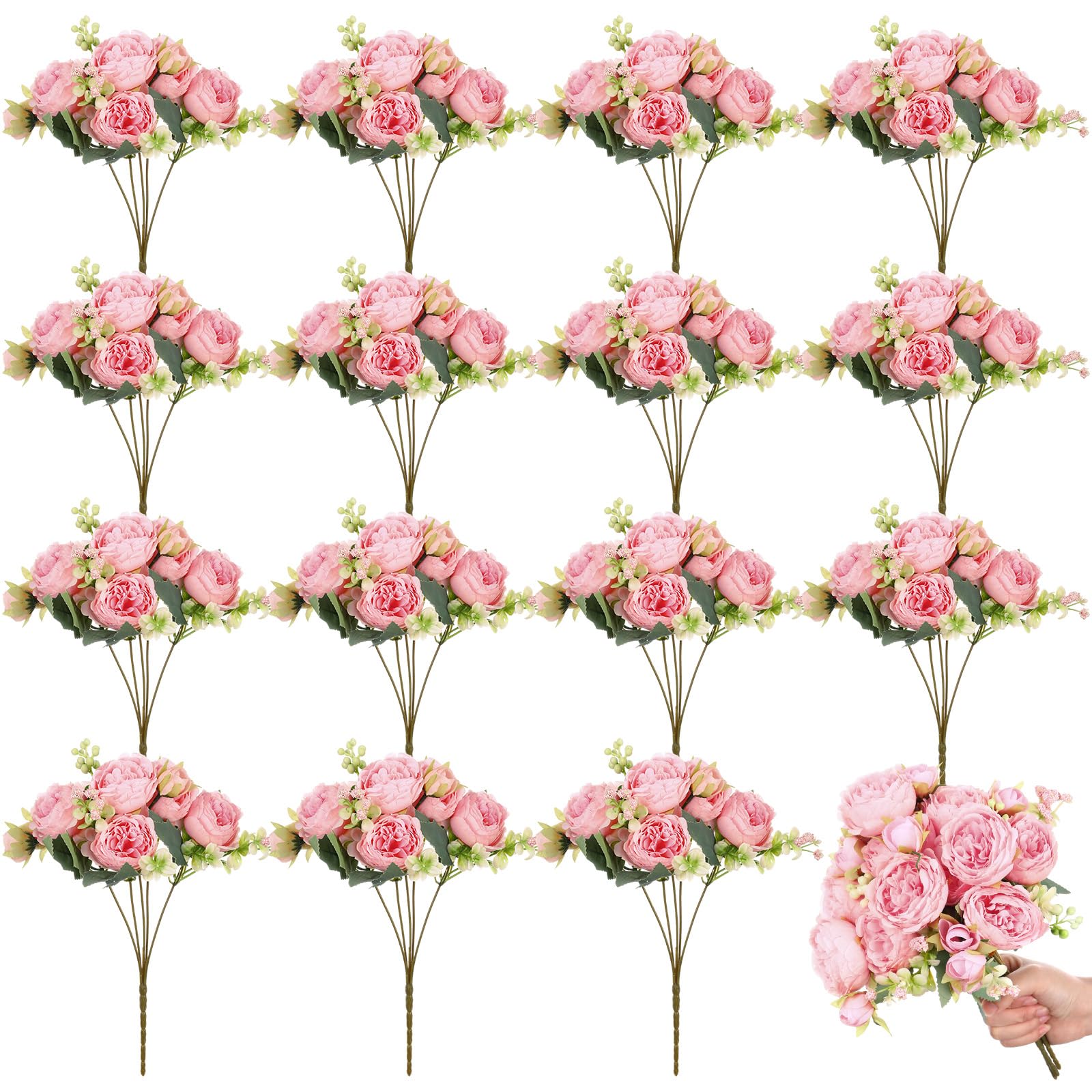 Crowye 16 Bundles Pink Fake Flowers Artificial Peonies Realistic Faux Flowers Wedding Bouquet Fake Silk Peony for Table Centerpieces Wedding Decoration Bridal Floral Arrangement(Light Pink)