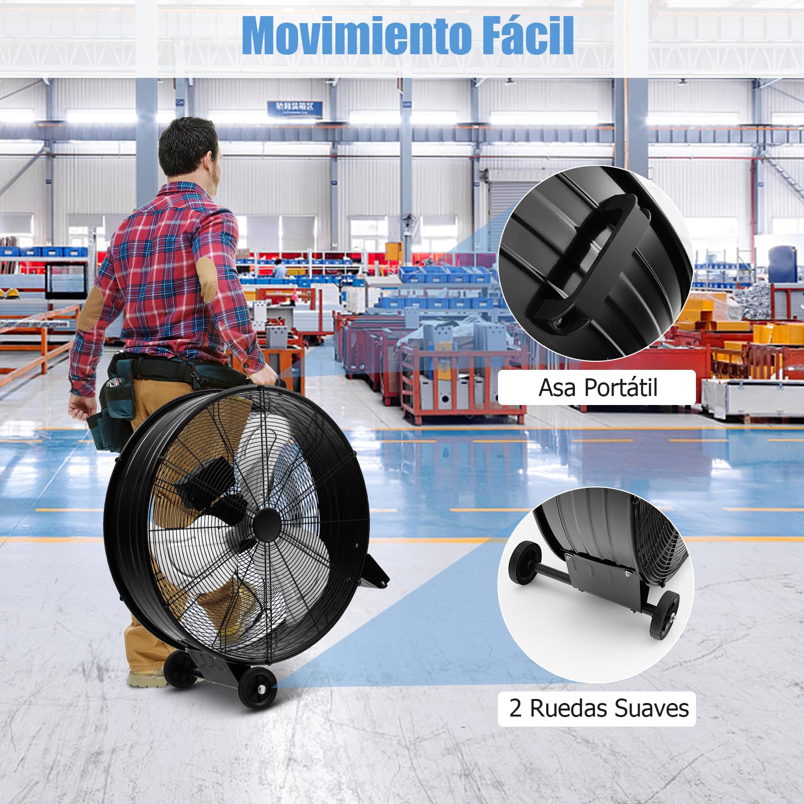 GOPLUS Ventilador Industrial 180W, Ventilador de Suelo de Diámetro 65CM, Viento de Pie con 3 Velocidades, Viento Potente con Asa y 2 Ruedas de Transporte, Botón de Ajuste, Mango Lateral (Negro)