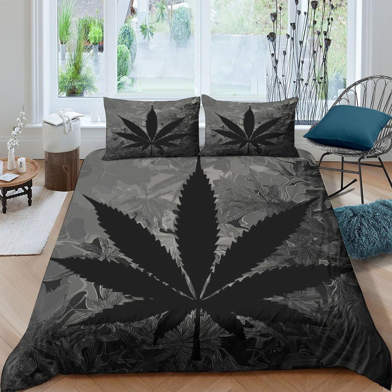 TUFRTGYHN 3D Printed Black Cannabis Leaf Duvet Cover Microfiber Soft Breathable Botanical Bedding Set with 2 Pillowcases for Bedroom Home Decor Single（135x200cm）