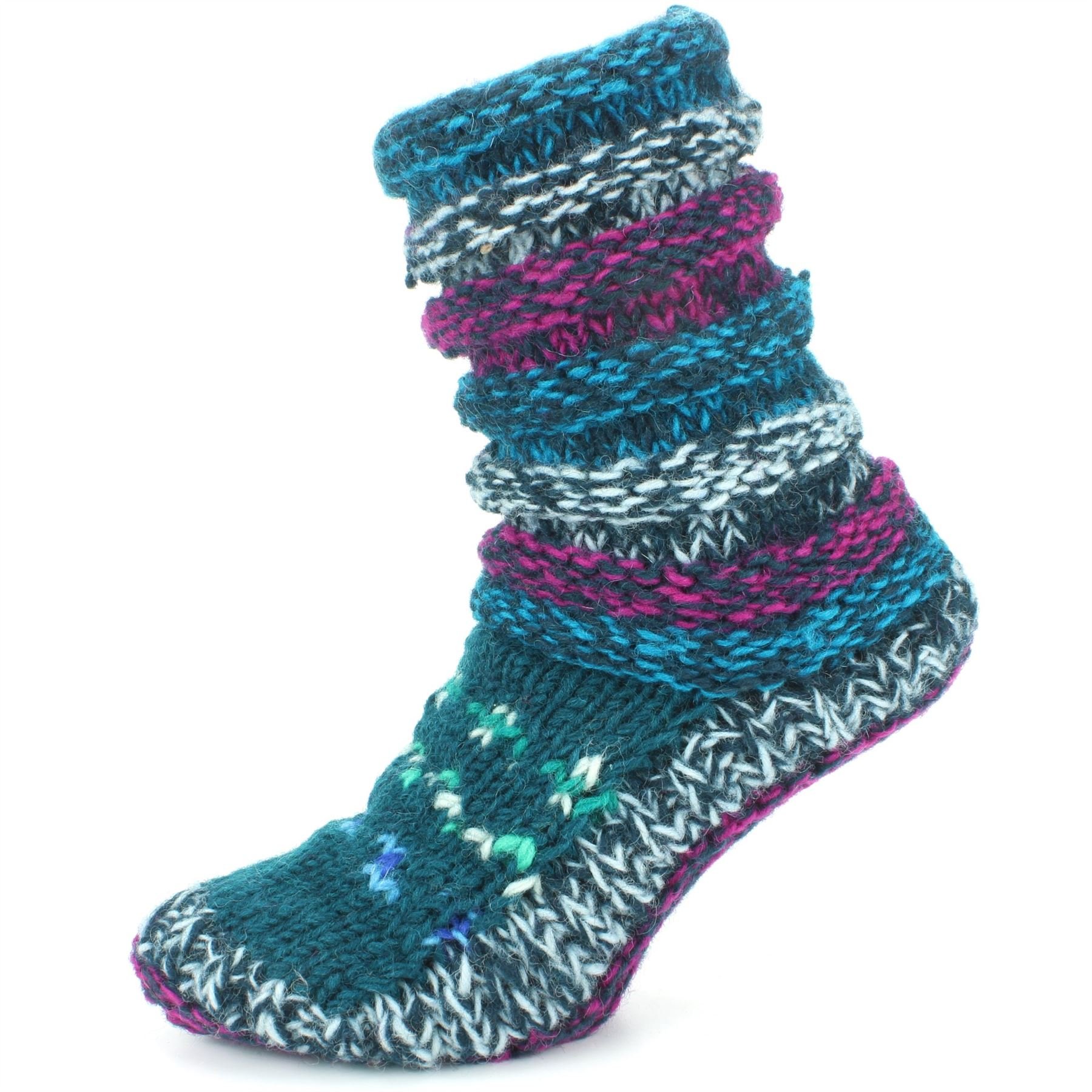 LOUDelephant Chunky Wool Knit Abstract Pattern Slipper Socks - Blue