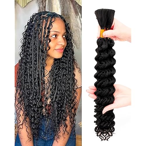Deep Wave Bulk Braiding Hair-Wet and Wavy Human Braiding Hair,20 Inches 2 Bundles Natural Black,No Weft Bohemian Curl for DIY(20"-2 Bundles,1B#）