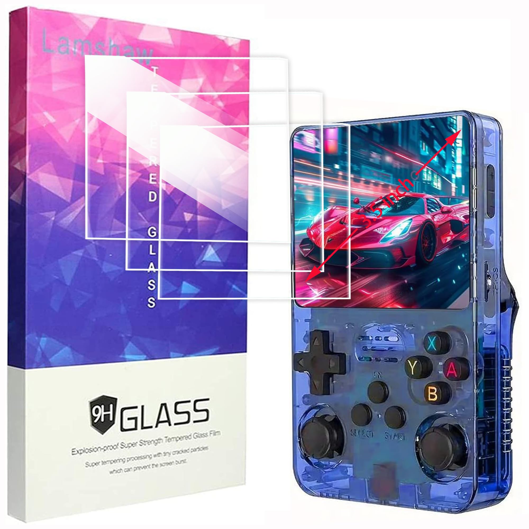Lamshaw R36S Retro Handheld Game Screen Protector, 9H Tempered Glass Screen Protector Film Compatible with R36S/ R35S/ RGB20S Retro Handheld Game Console 3.5 Inch (Glass-3 Pack)