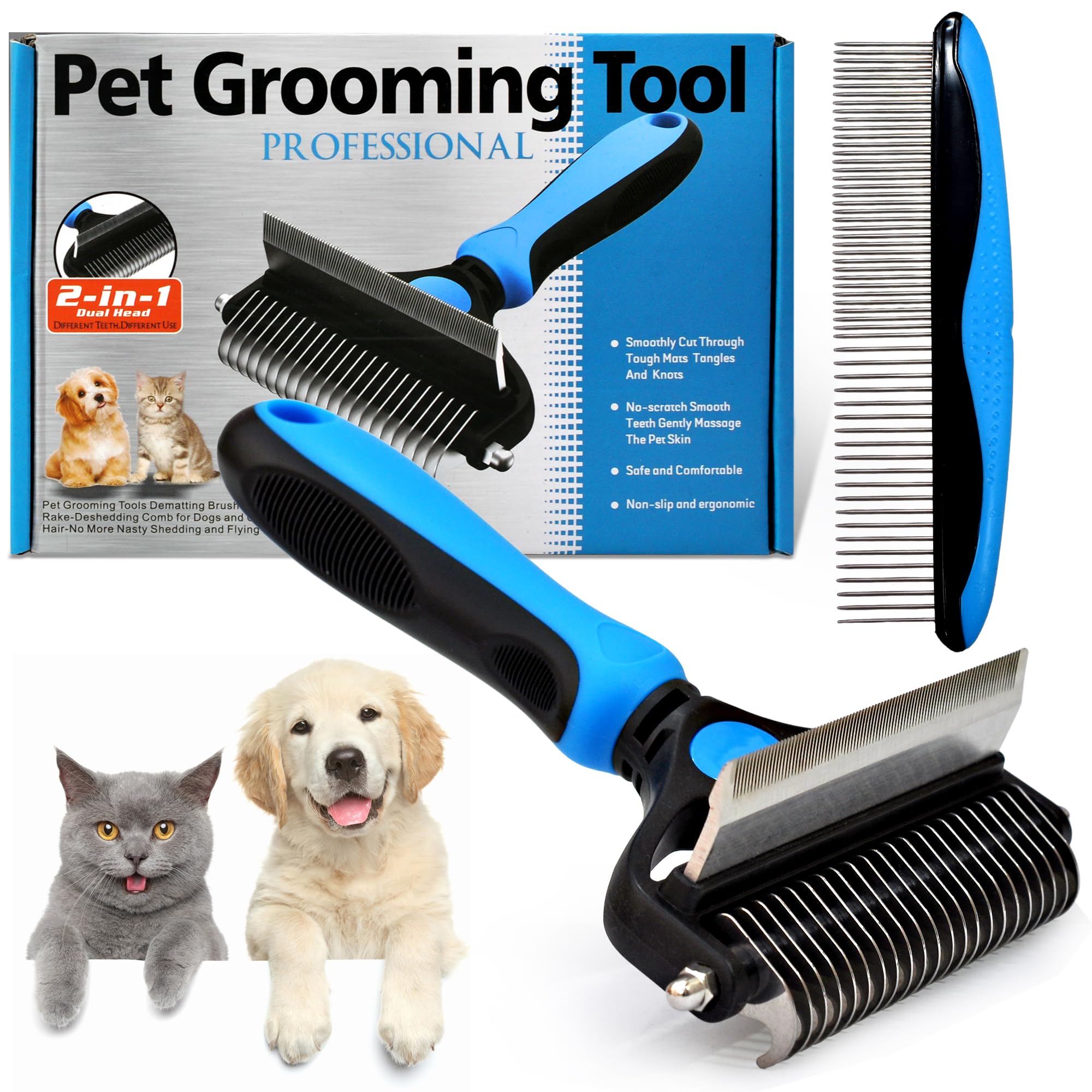 Cepillo Perros y Gatos Pelo Largo - Peine Grande Profesional Desenredante y Cepillos Deslanador Perros, Gato Persa y Mascota de pelo corto Removedor de pelos muerto, resistente (Grande)