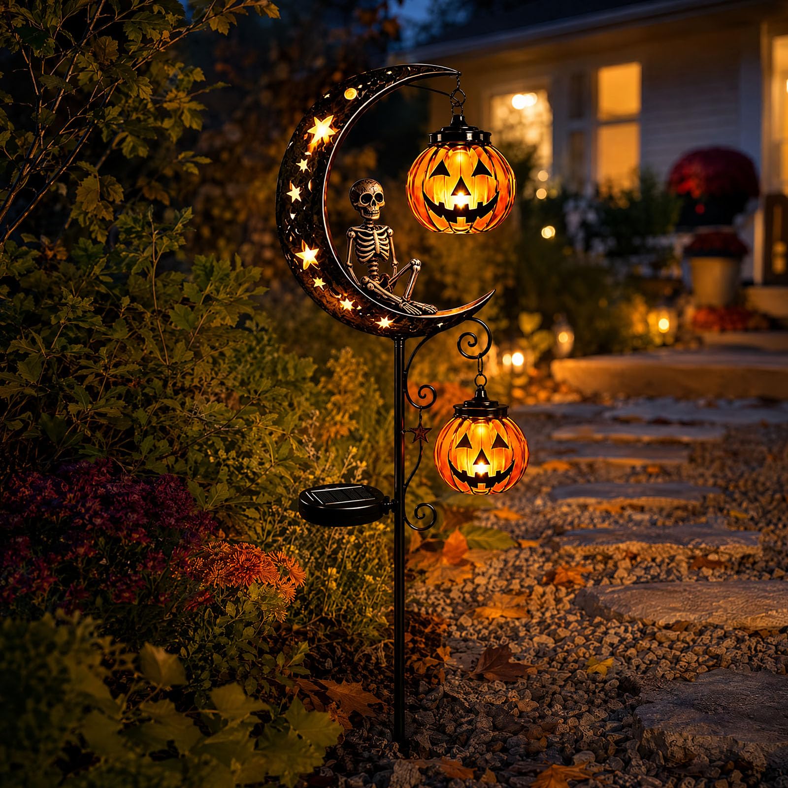 Solar Halloween White Ghost Pumpkin Moon Garden Stake Light