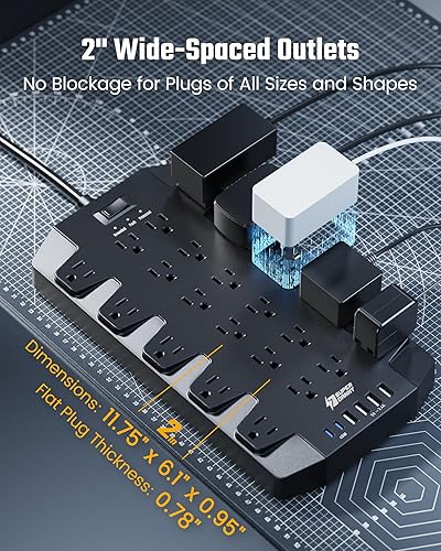Miniatura 4 de Protector de sobretensiones de regleta de alimentación de 45 W con PD USB-C, SUPERDANNY 1875W15A, 2100J, cable de extensión de montaje de enchufe