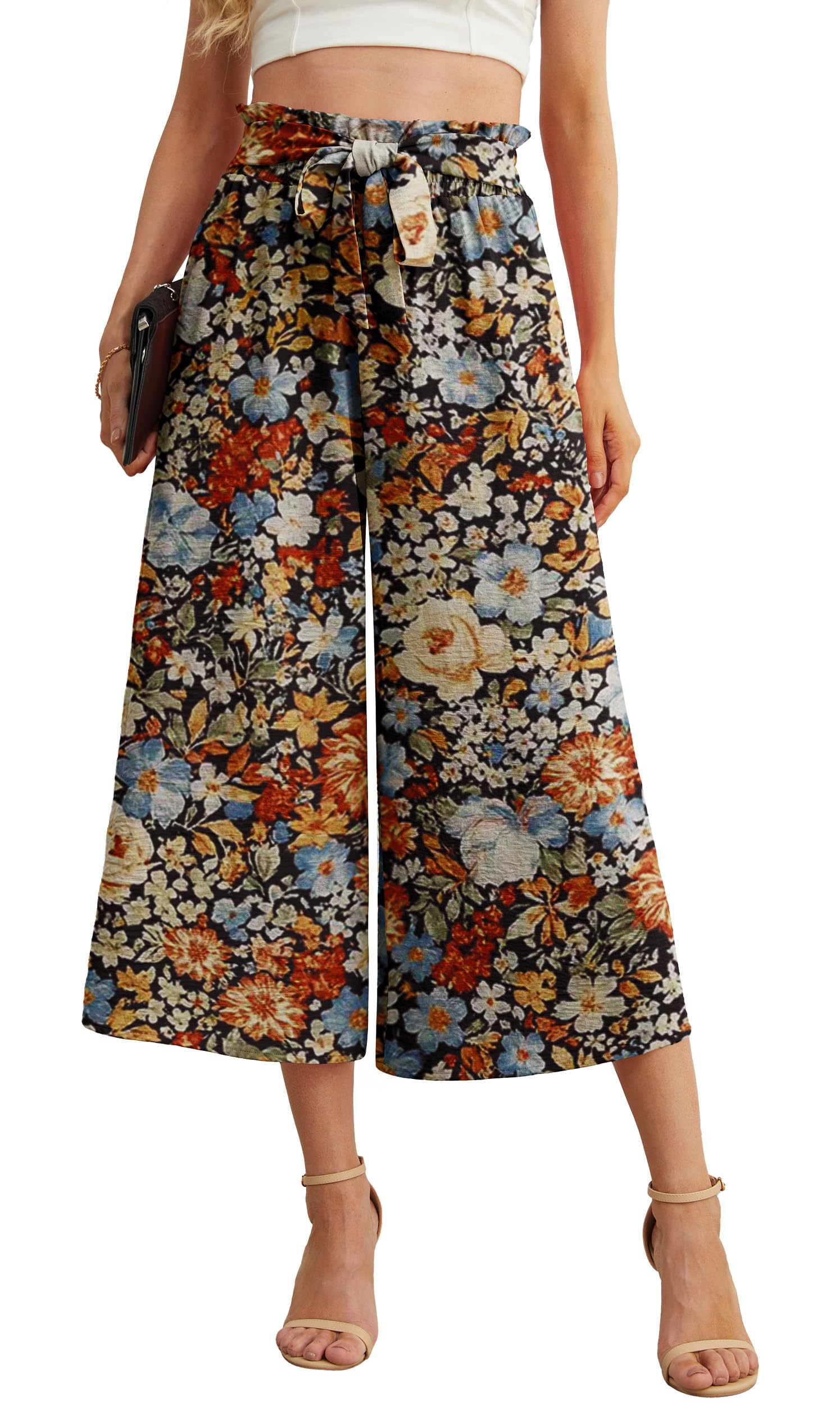 IWOLLENCE Women Flowy Loose Wide Leg Pant Summer Beach Casual Trousers high Waist Adjustable Knot Business Work Casual Pants