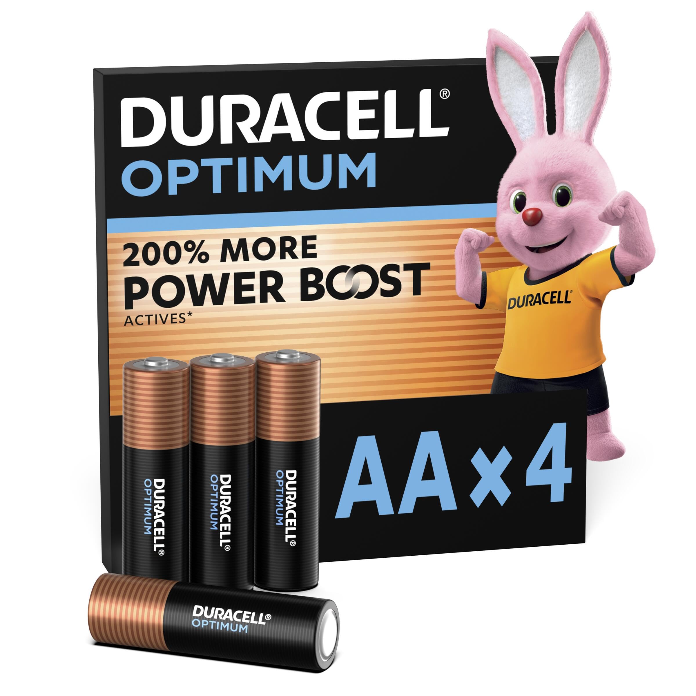 DURACELL Optimum AA Batteries (4 Pack) – Alkaline Batteries 1.5V – 200% More Power Boost Actives – Meets Demands Of Modern Devices – 100% Recyclable, 0% Plastic Packaging – MX1500