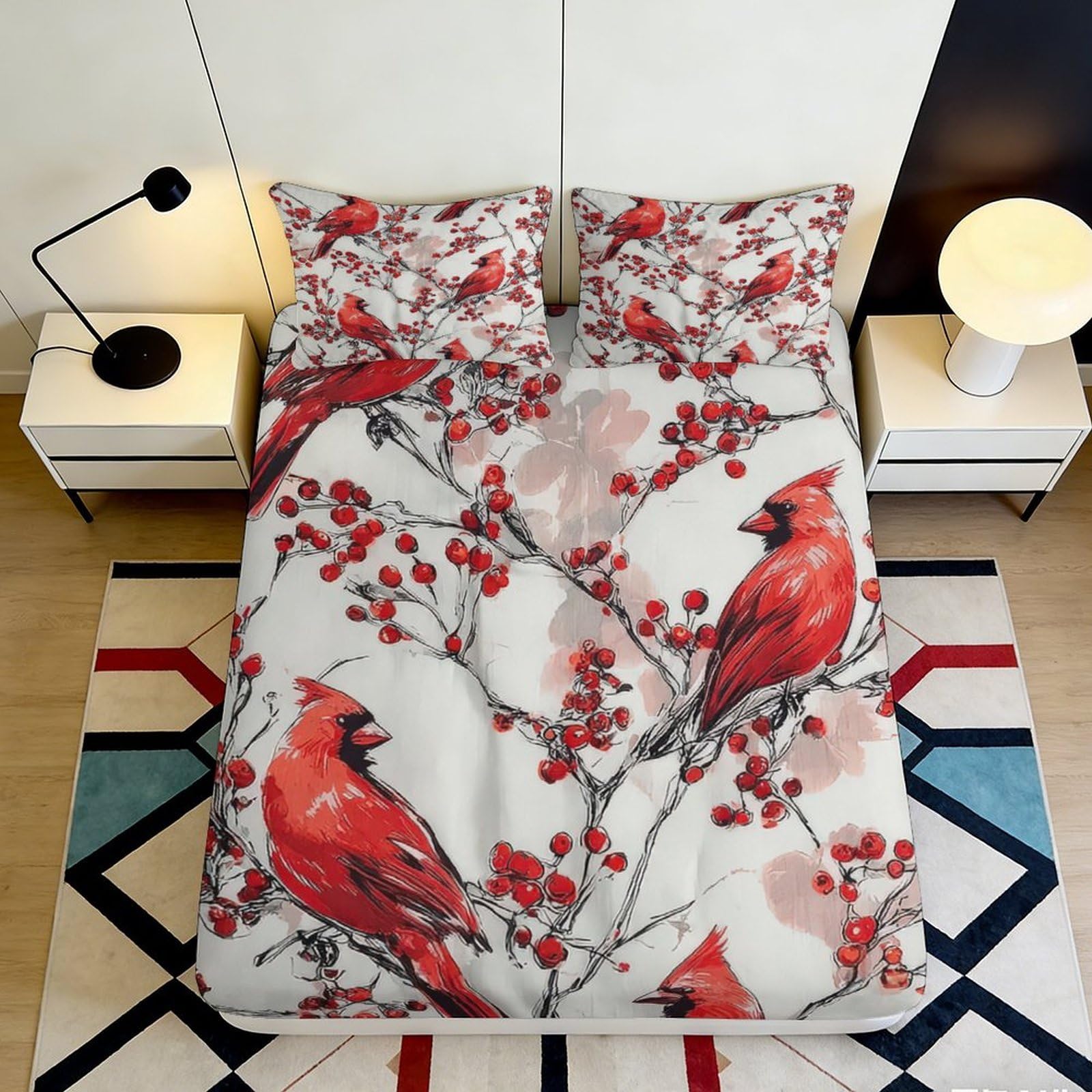 3D Printed Red Cardinal Birds Fitted Sheet Microfiber Soft Breathable Berry Branch Bed Cover for Bedroom Dormitory Guest Room Mattress Protection 120x200x25cm