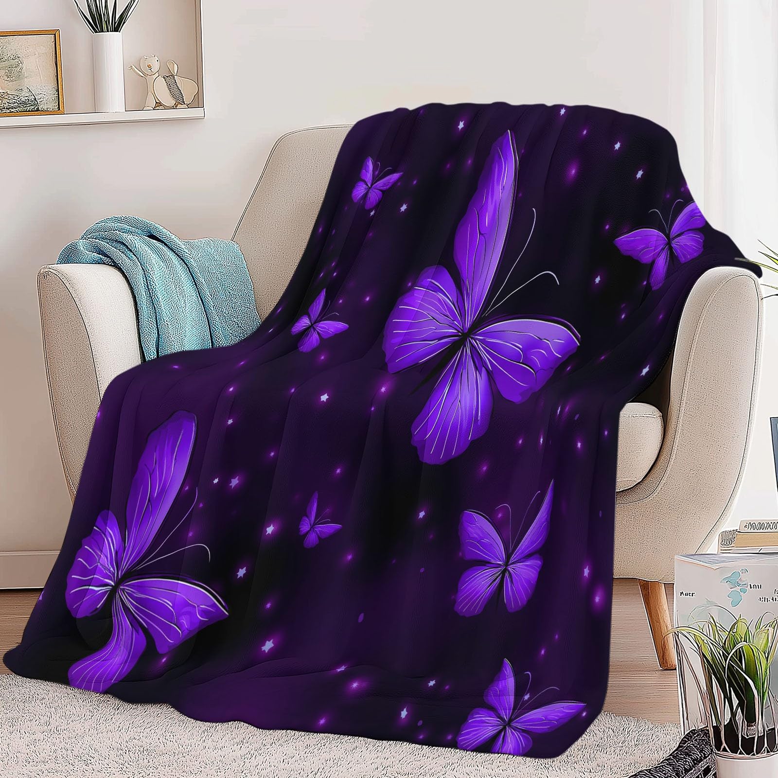 Coperta Plaid Pile in Flanella 180x220 cm Coperta Pile Piccola Farfalla Cielo Stellato, Morbida Soffice Calda Coperte per Divano Singolo Matrimoniale Letto Viola